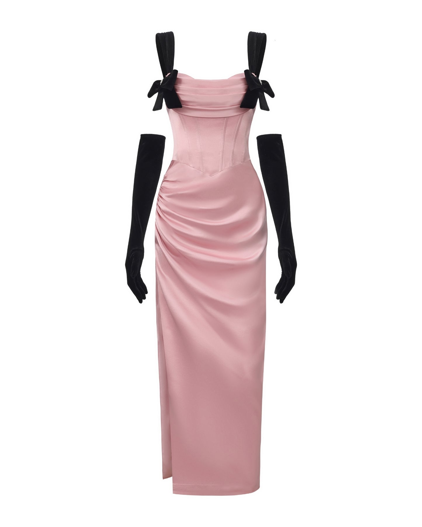 Pink evening gown with black bow straps and gloves on a white background