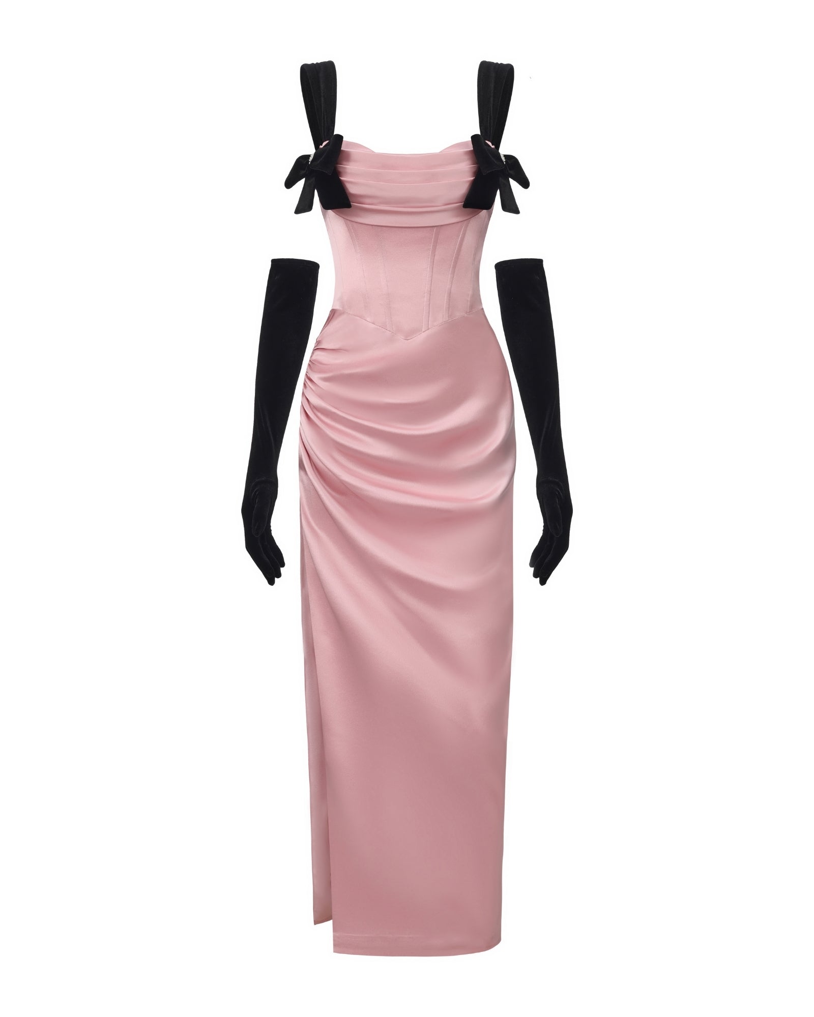 Pink evening gown with black bow straps and gloves on a white background