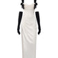 White satin maxi dress with black bow straps