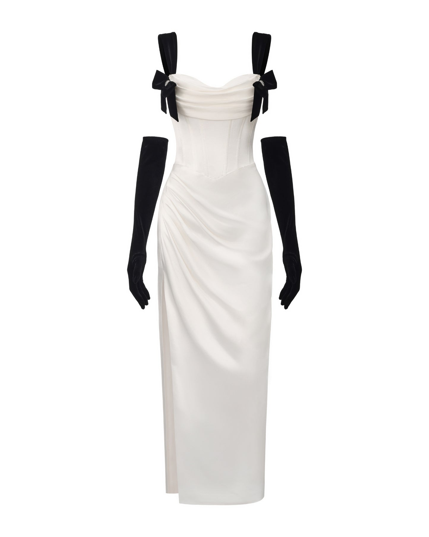 White satin maxi dress with black bow straps