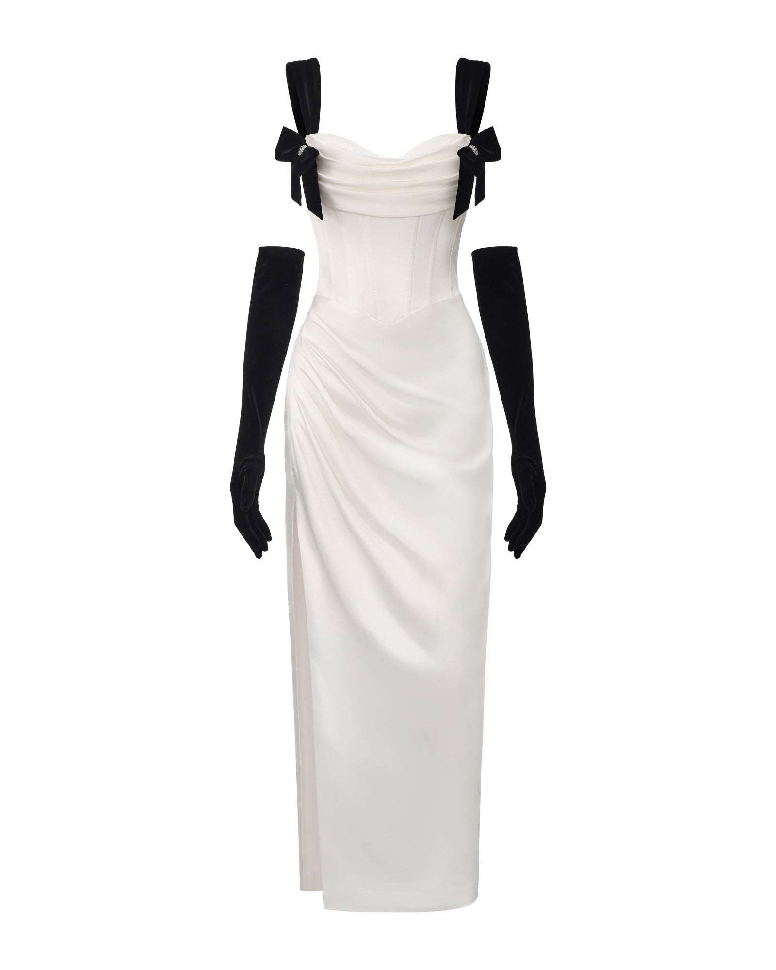 White satin maxi dress with black bow straps