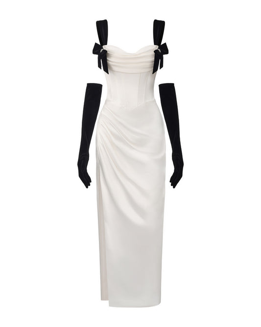 White satin maxi dress with black bow straps
