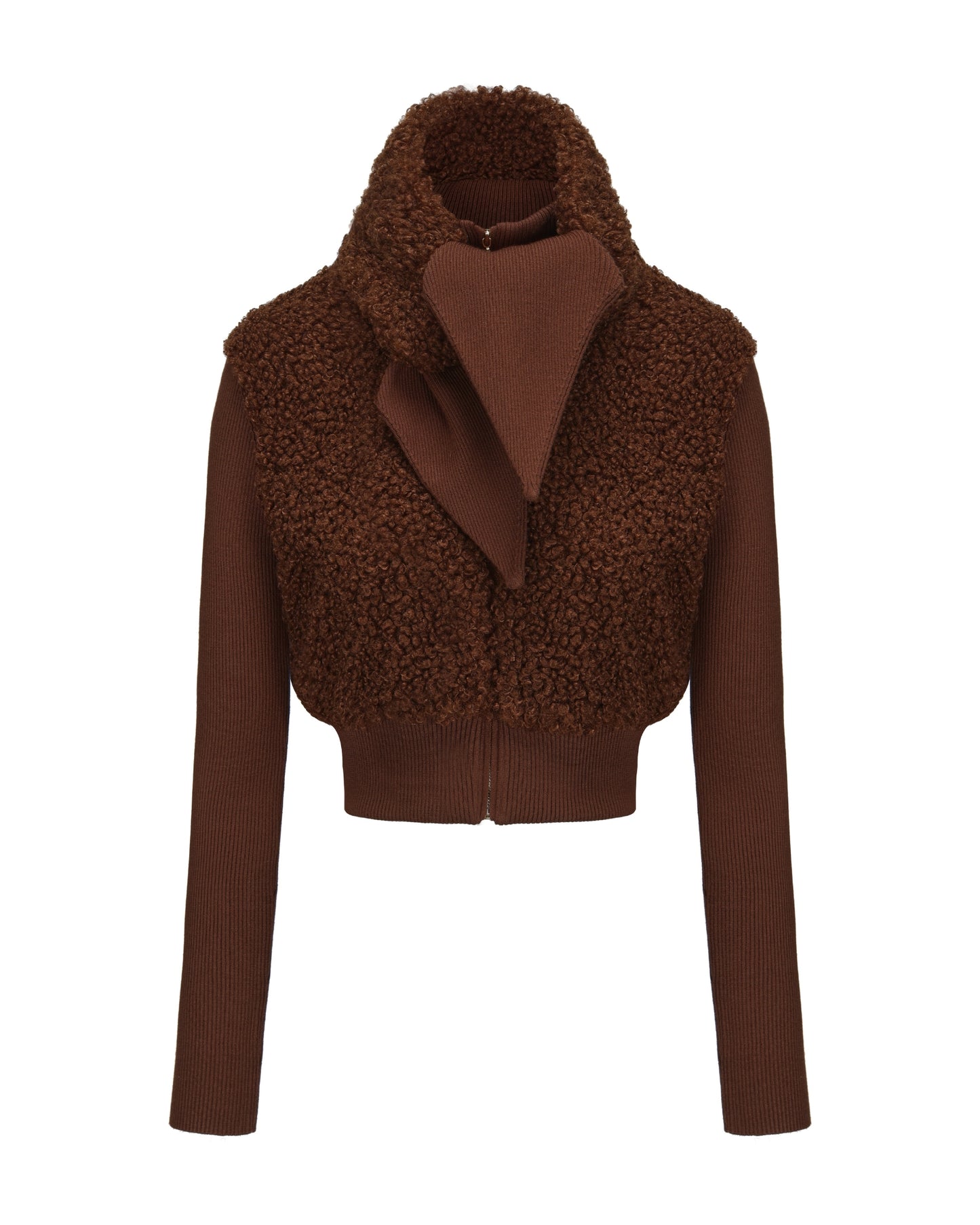 Brown knit jacket with zipper on a white background