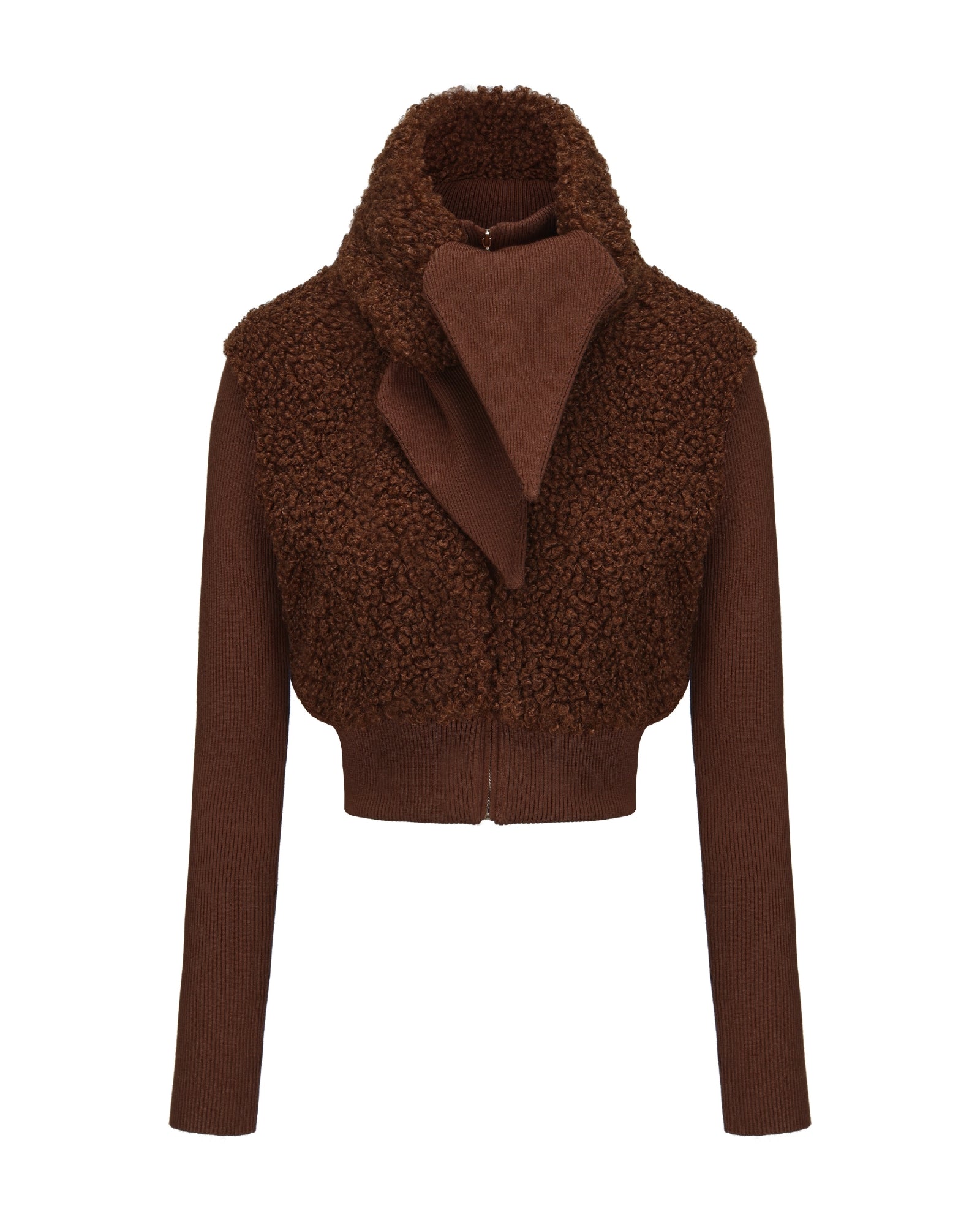 Brown knit jacket with zipper on a white background