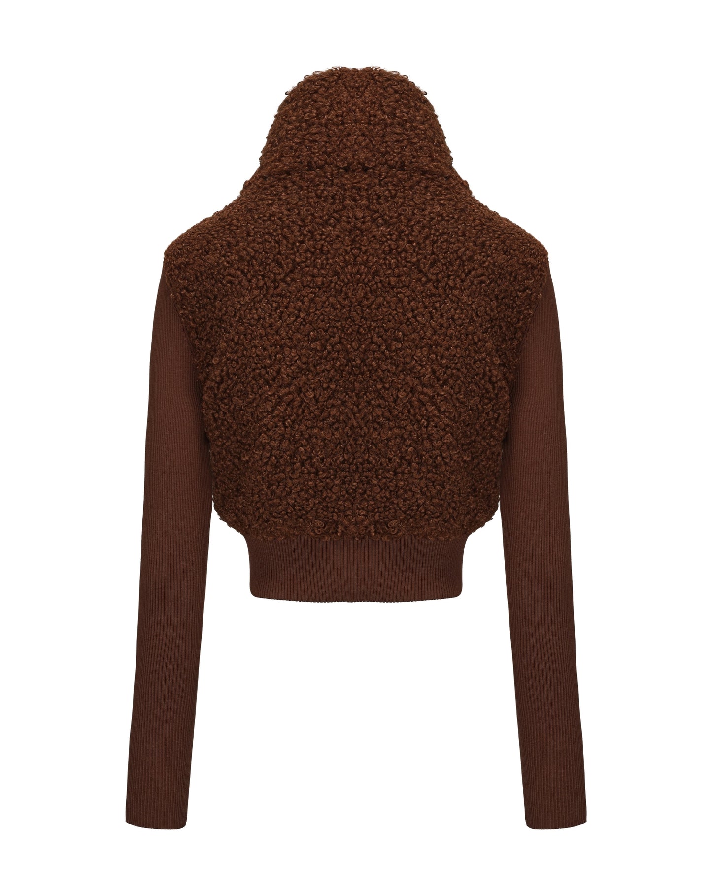 Brown knit jacket with faux fur on a white background