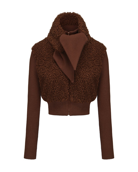 Hailey Knit Jacket (Brown) | Cropped Wool Jacket with Faux Fur