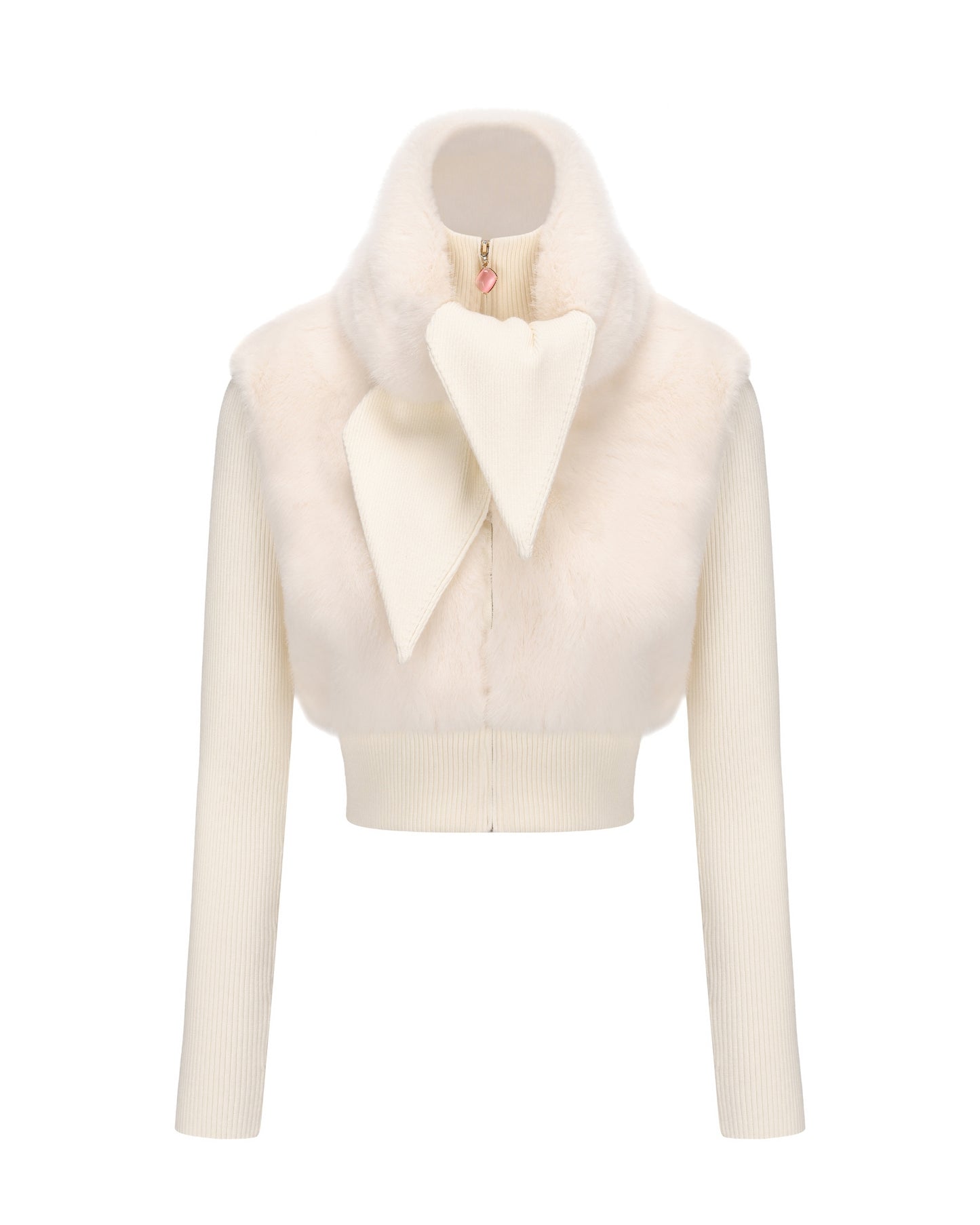 White knit jacket with a high collar on a white background