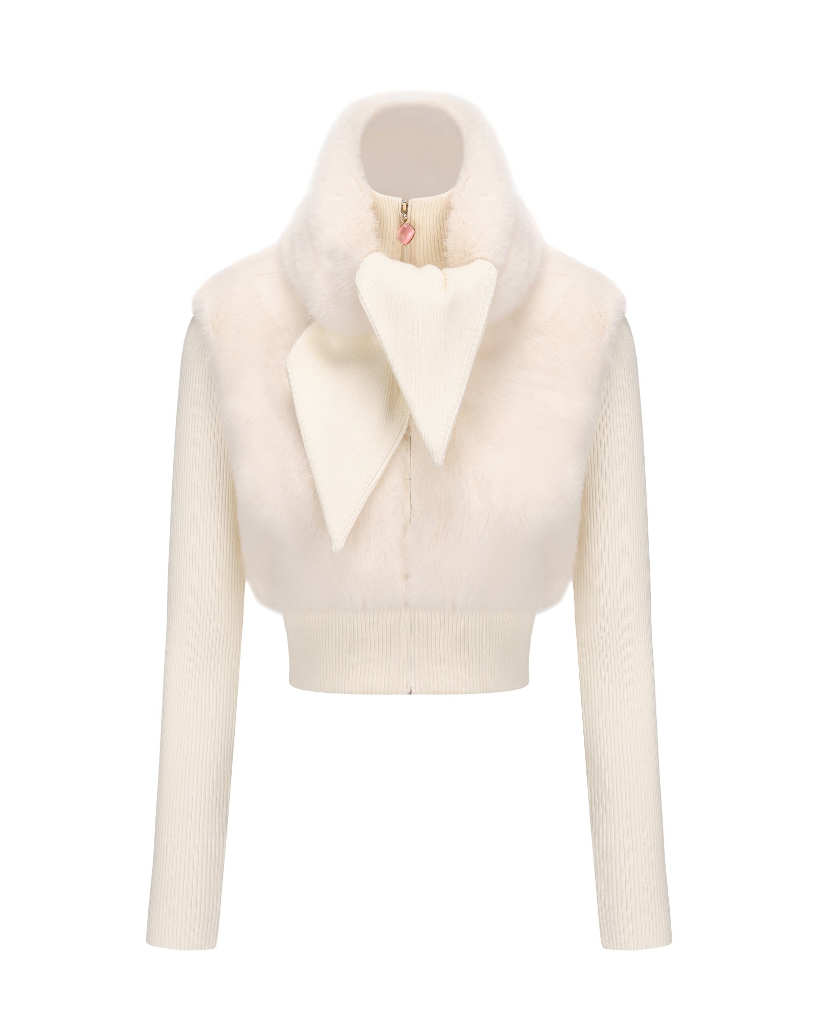 White knit jacket with a high collar on a white background