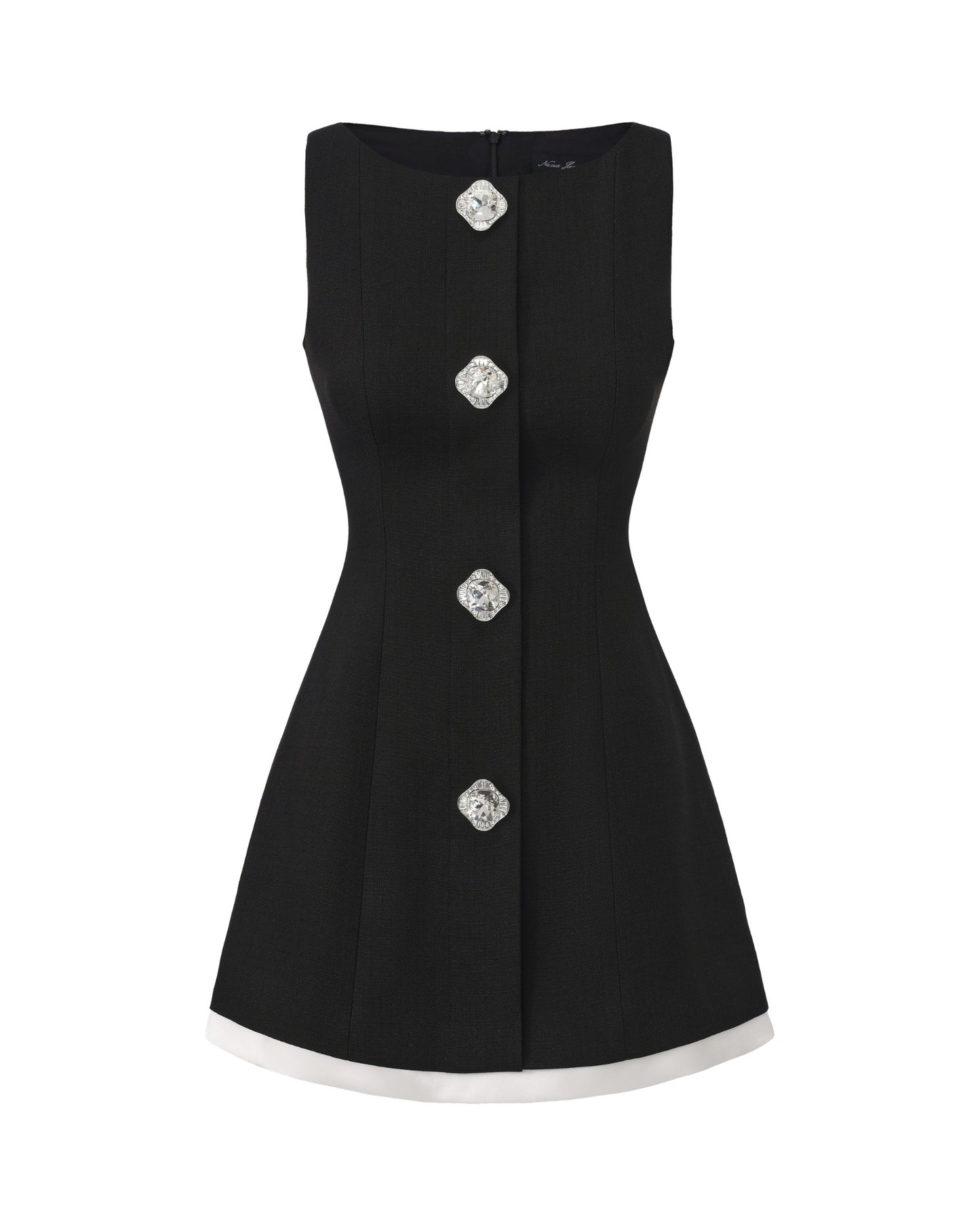 Black sleeveless mini dress with decorative buttons on a white background