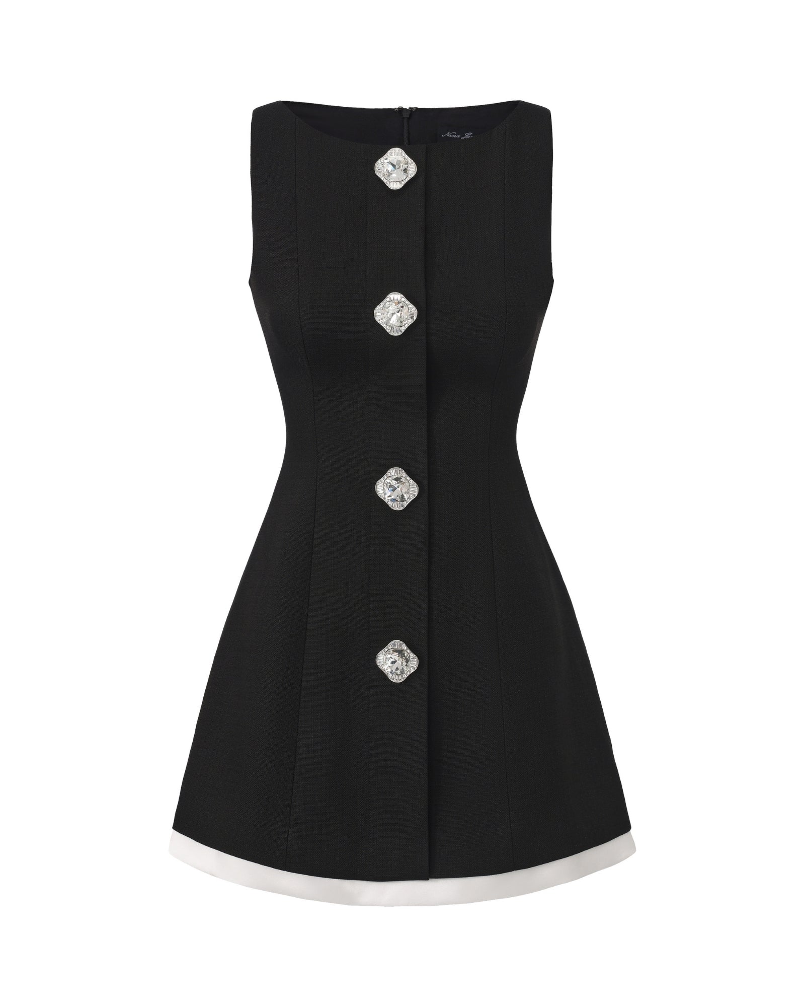 Black sleeveless mini dress with decorative buttons on a white background