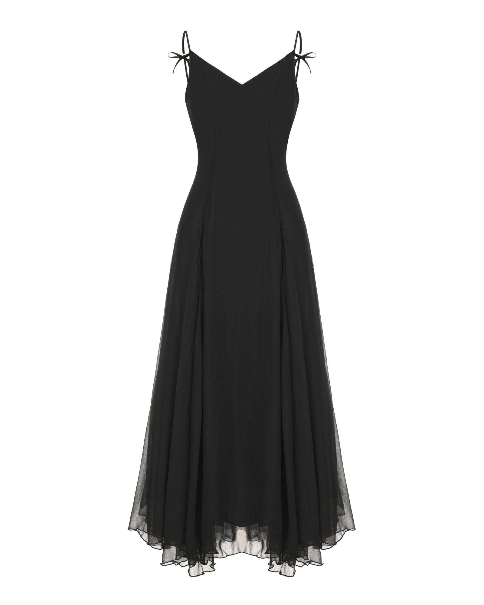 Black evening gown with thin straps on a white background