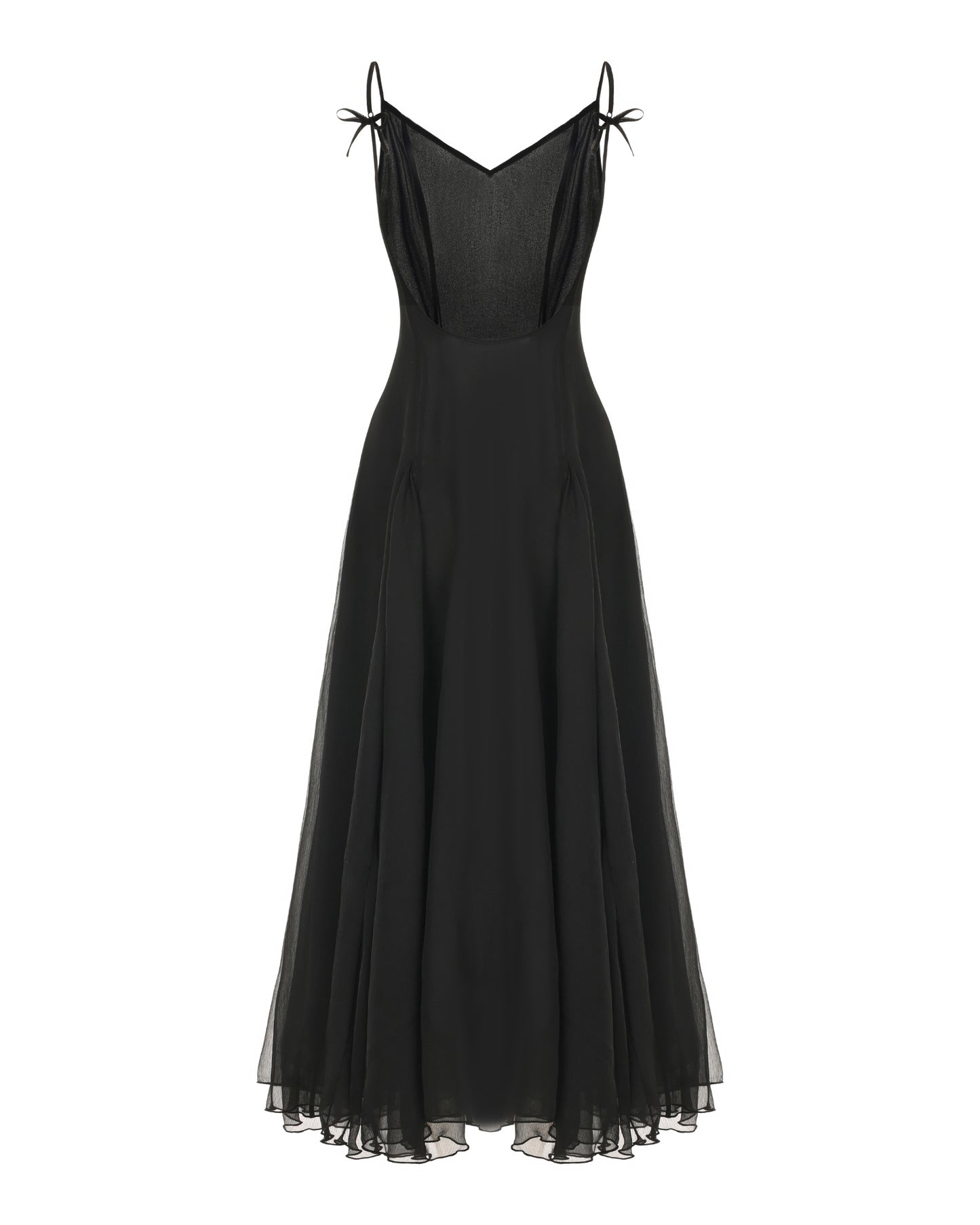 Black evening gown with thin straps on a white background