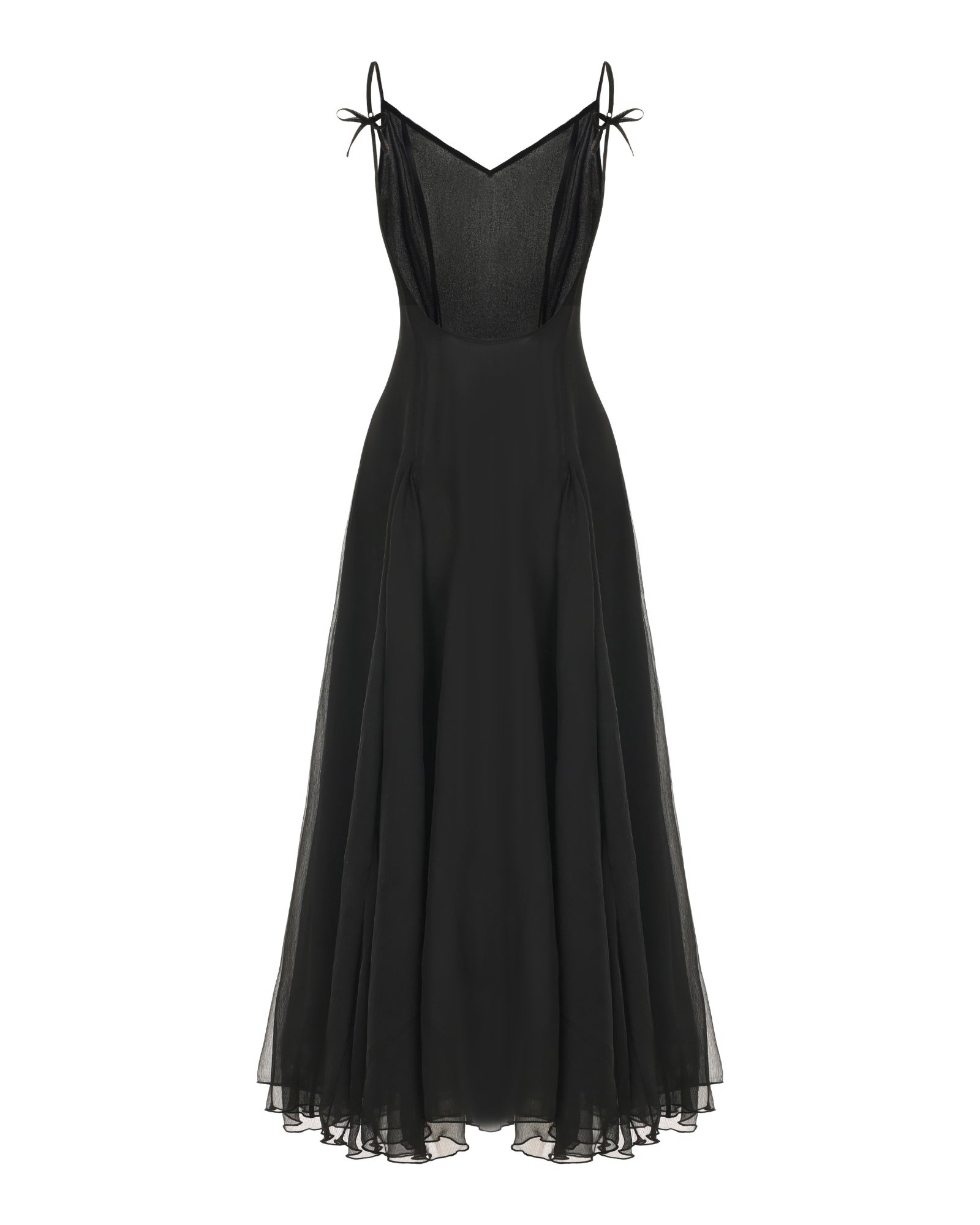 Black evening gown with thin straps on a white background