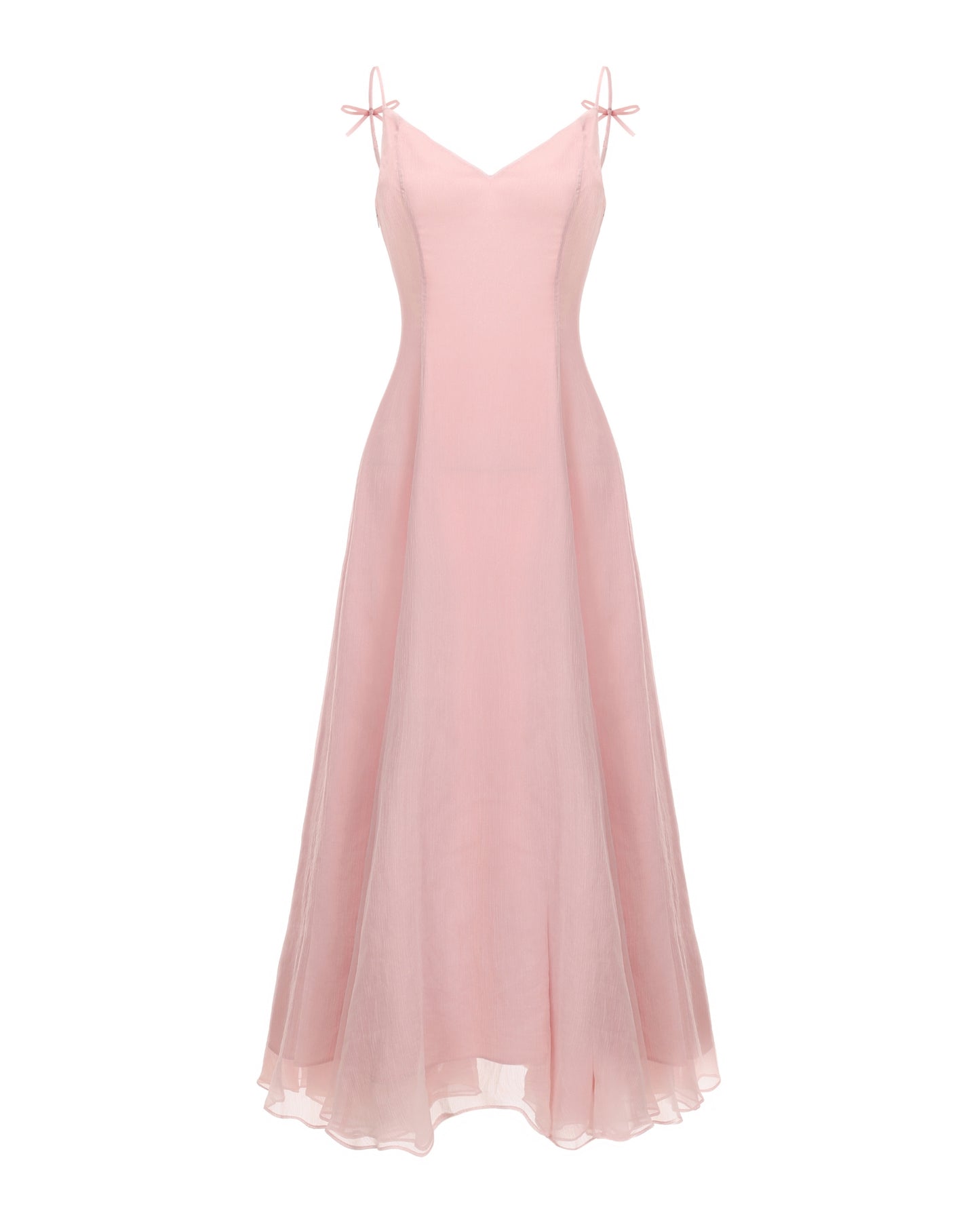 Pink maxi dress with thin straps on a white background