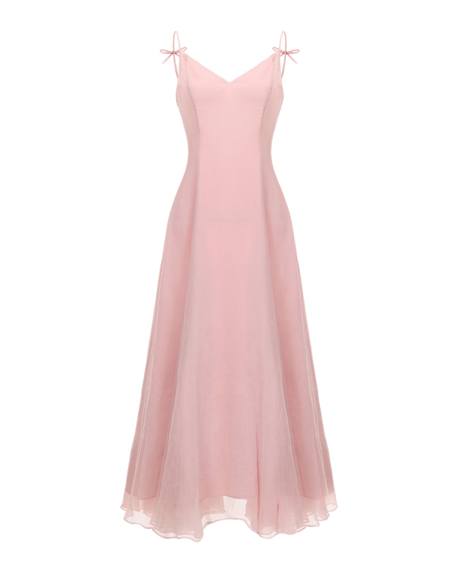 Pink maxi dress with thin straps on a white background