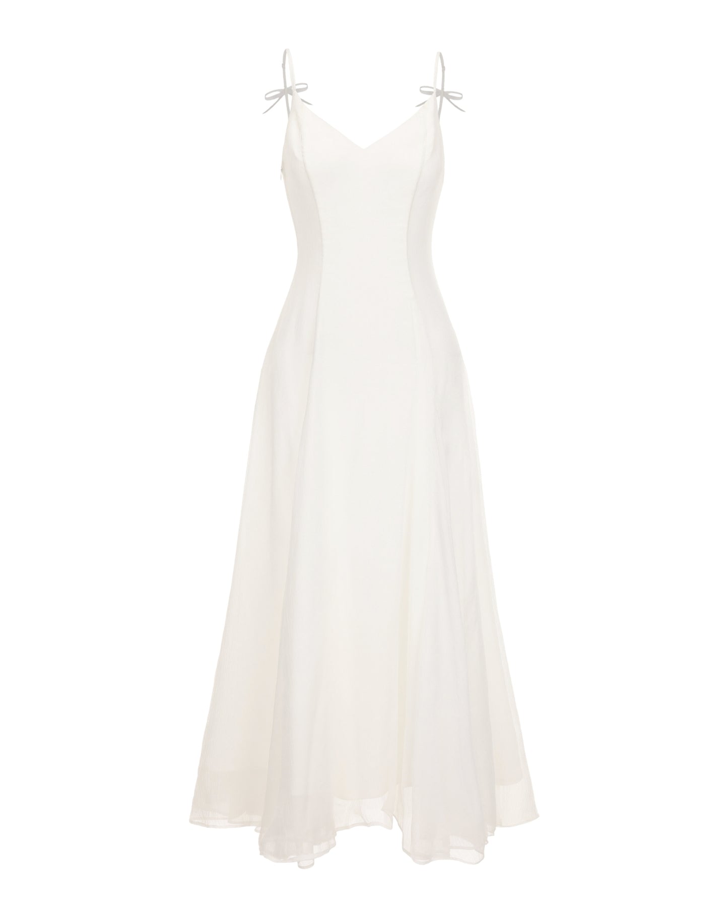 White maxi dress with thin straps on a white background