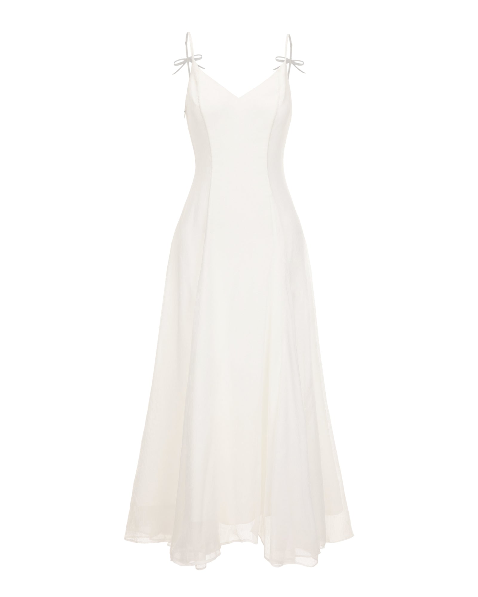 White maxi dress with thin straps on a white background