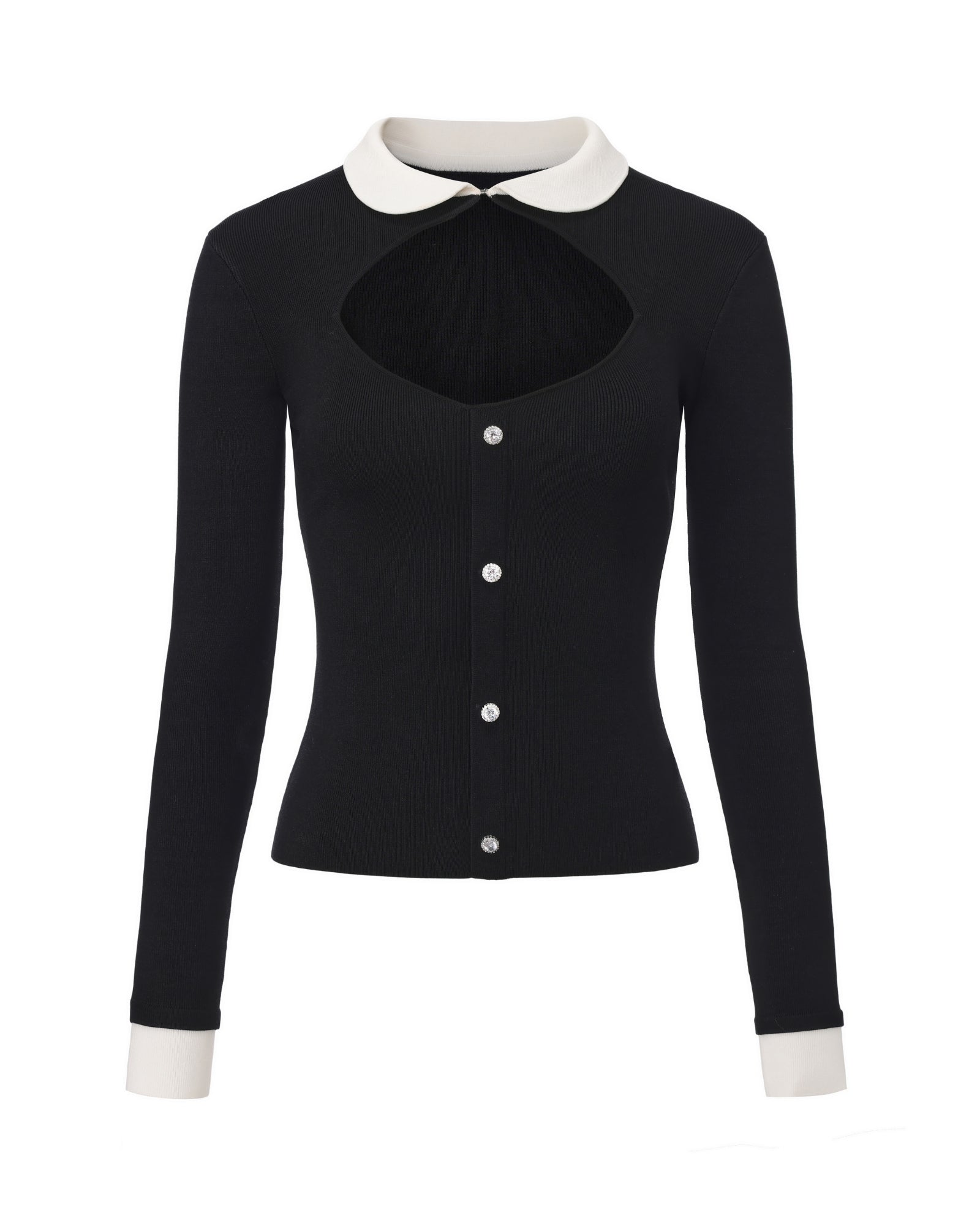 Black top with long sleeves with white collar and cuffs on a white background