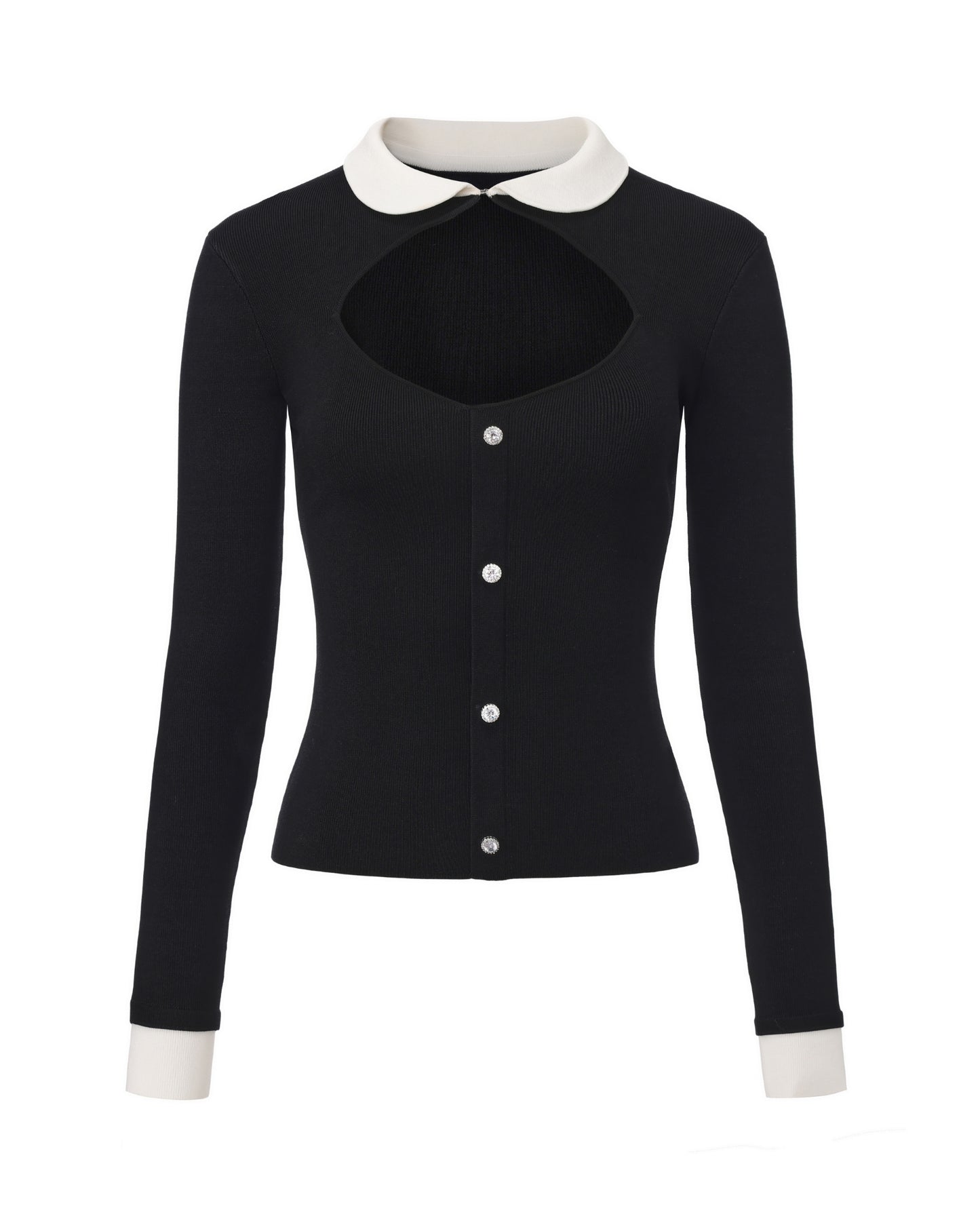 Black top with long sleeves with white collar and cuffs on a white background