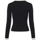 Black long-sleeve knit top with white trim on a white background
