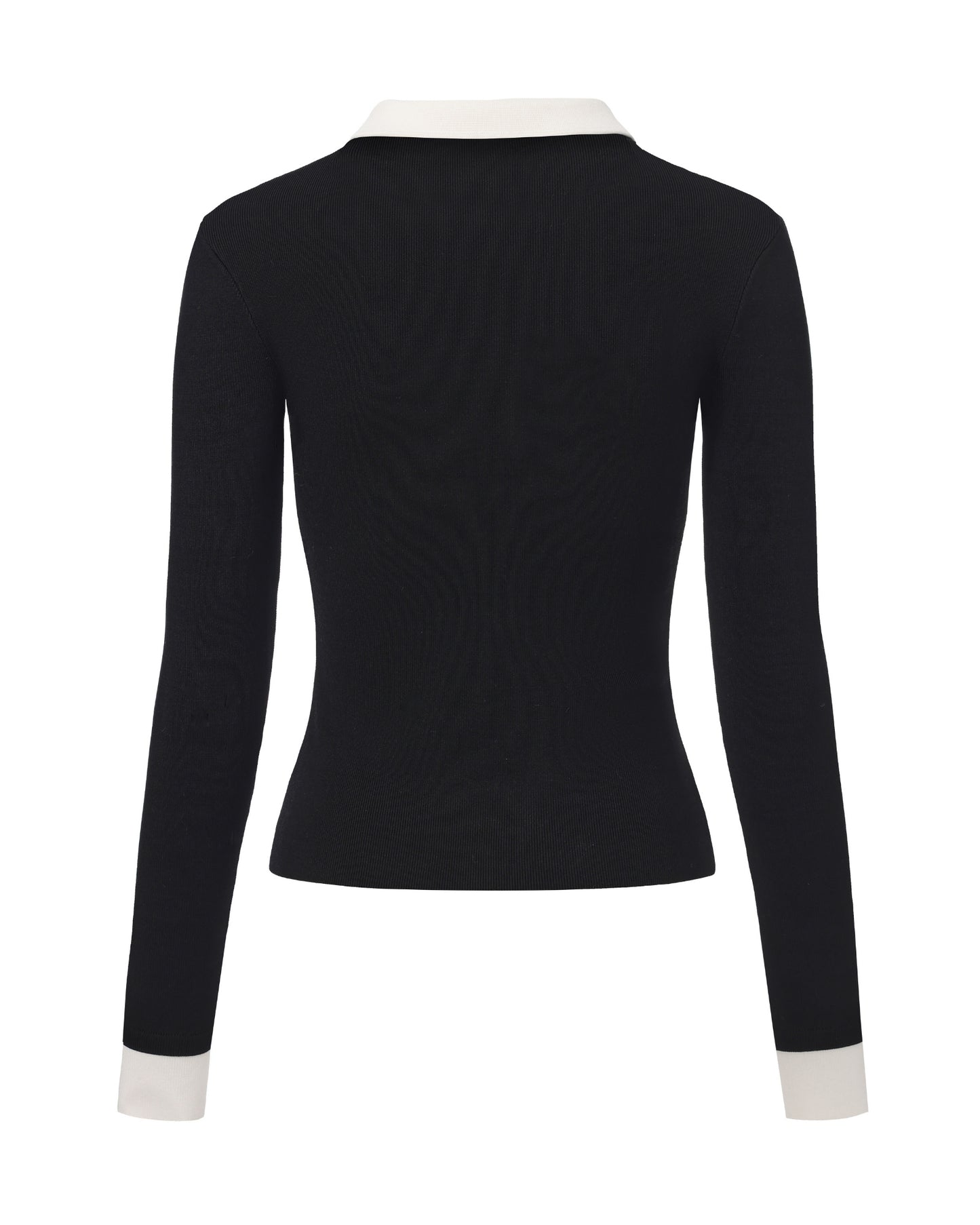 Black long-sleeve knit top with white trim on a white background
