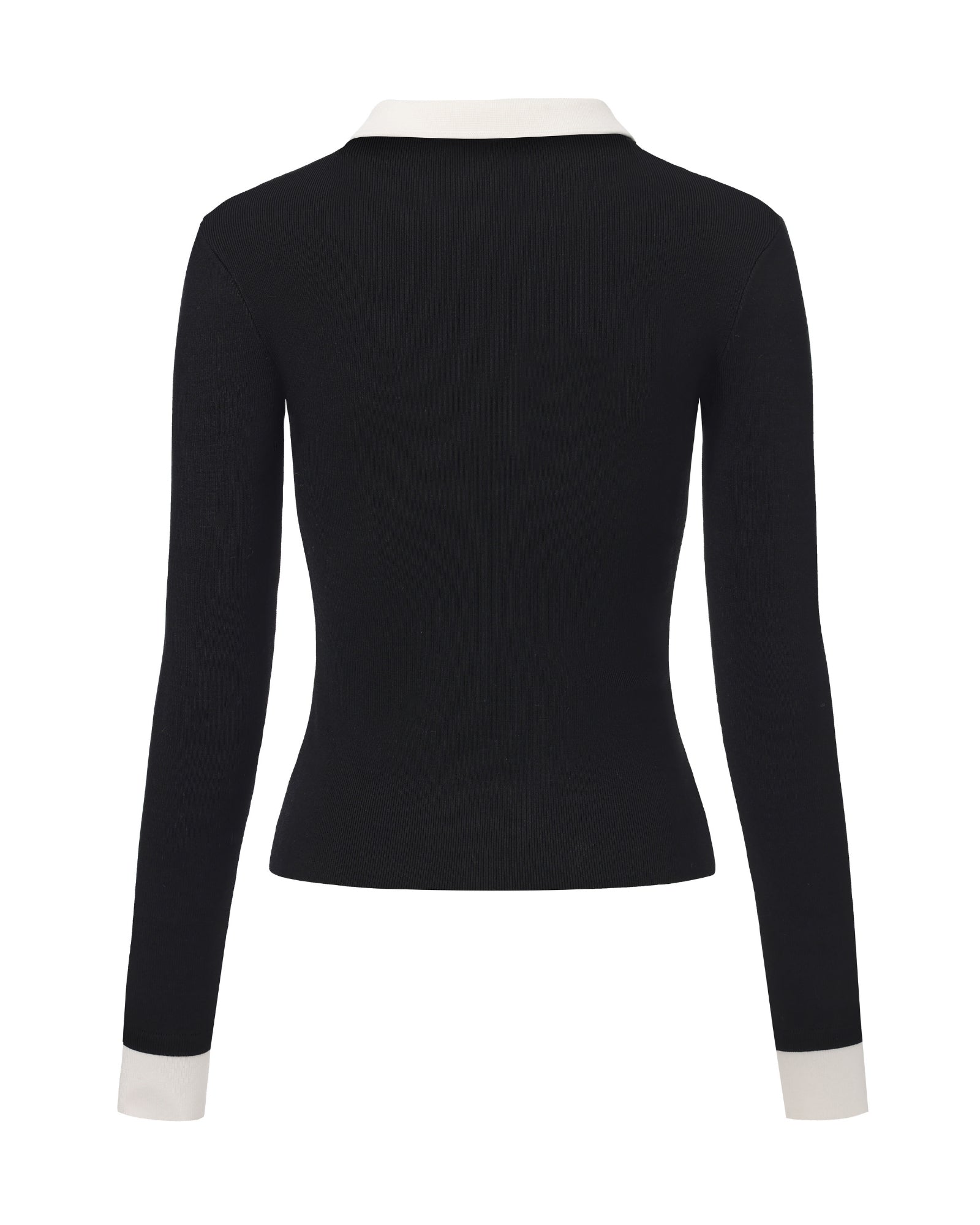Black long-sleeve knit top with white trim on a white background
