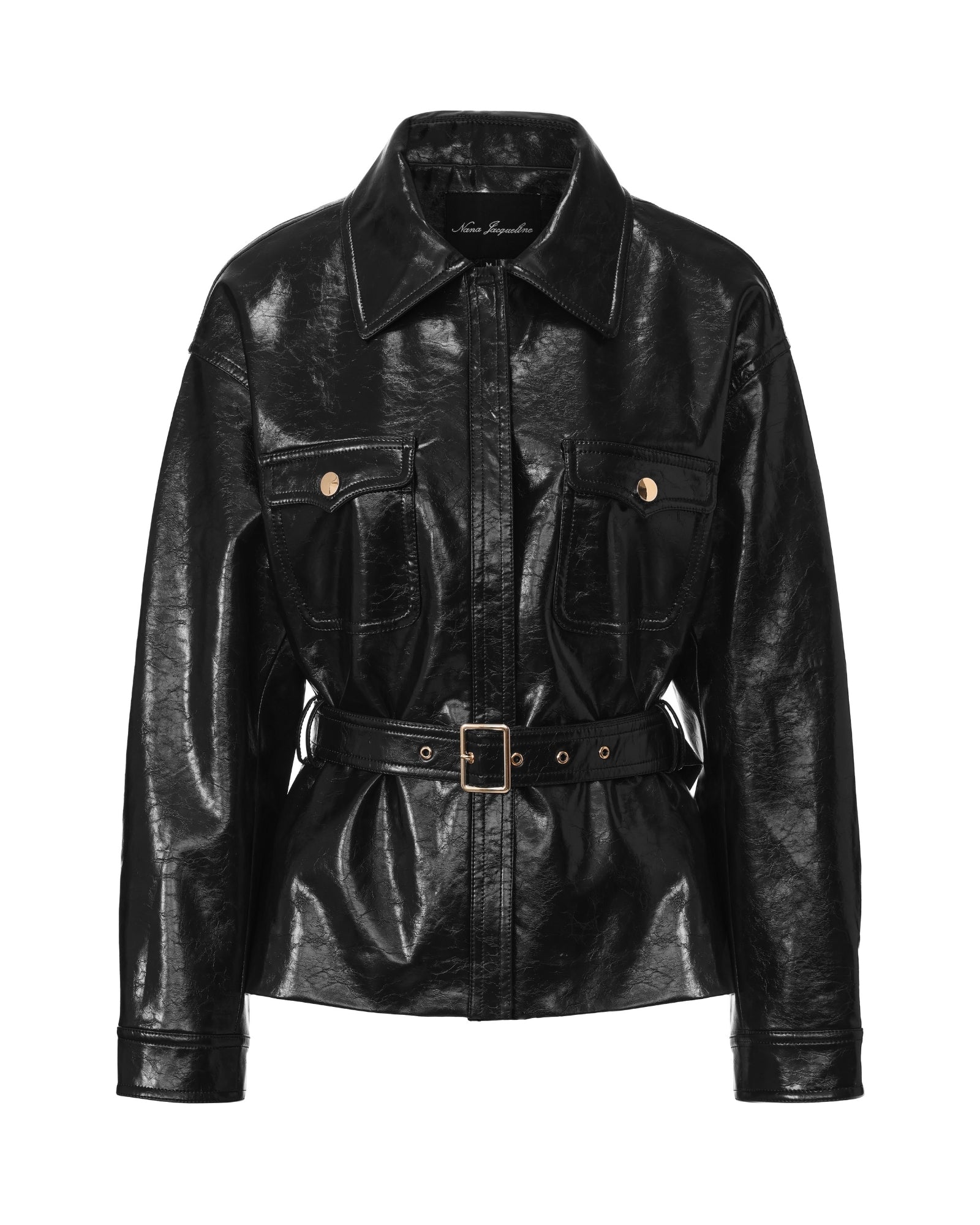 Black leather jacket with a belt on a white background