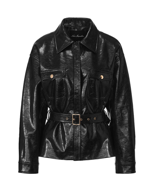 Black leather jacket with a belt on a white background