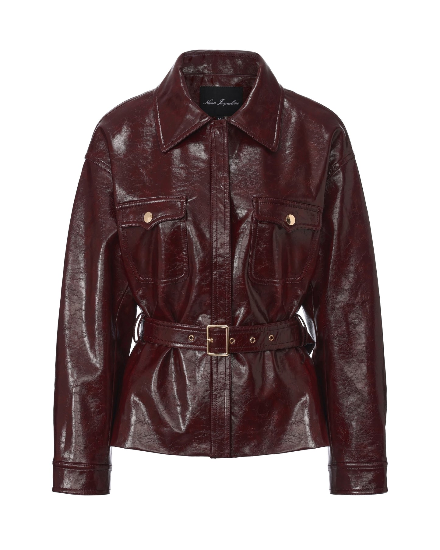 Claret Leather Jacket with belt and gold buttons