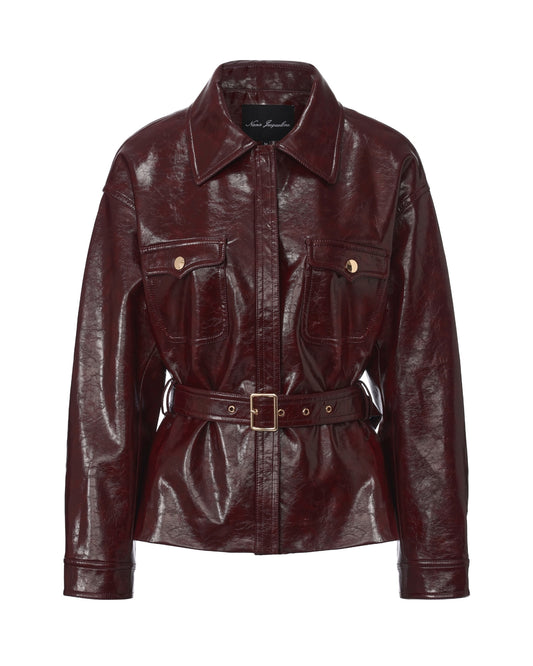 Claret Leather Jacket with belt and gold buttons