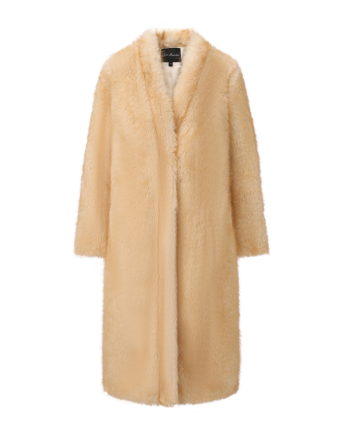 Luxury yellow faux fur coat for women with a straight silhouette on a white background
