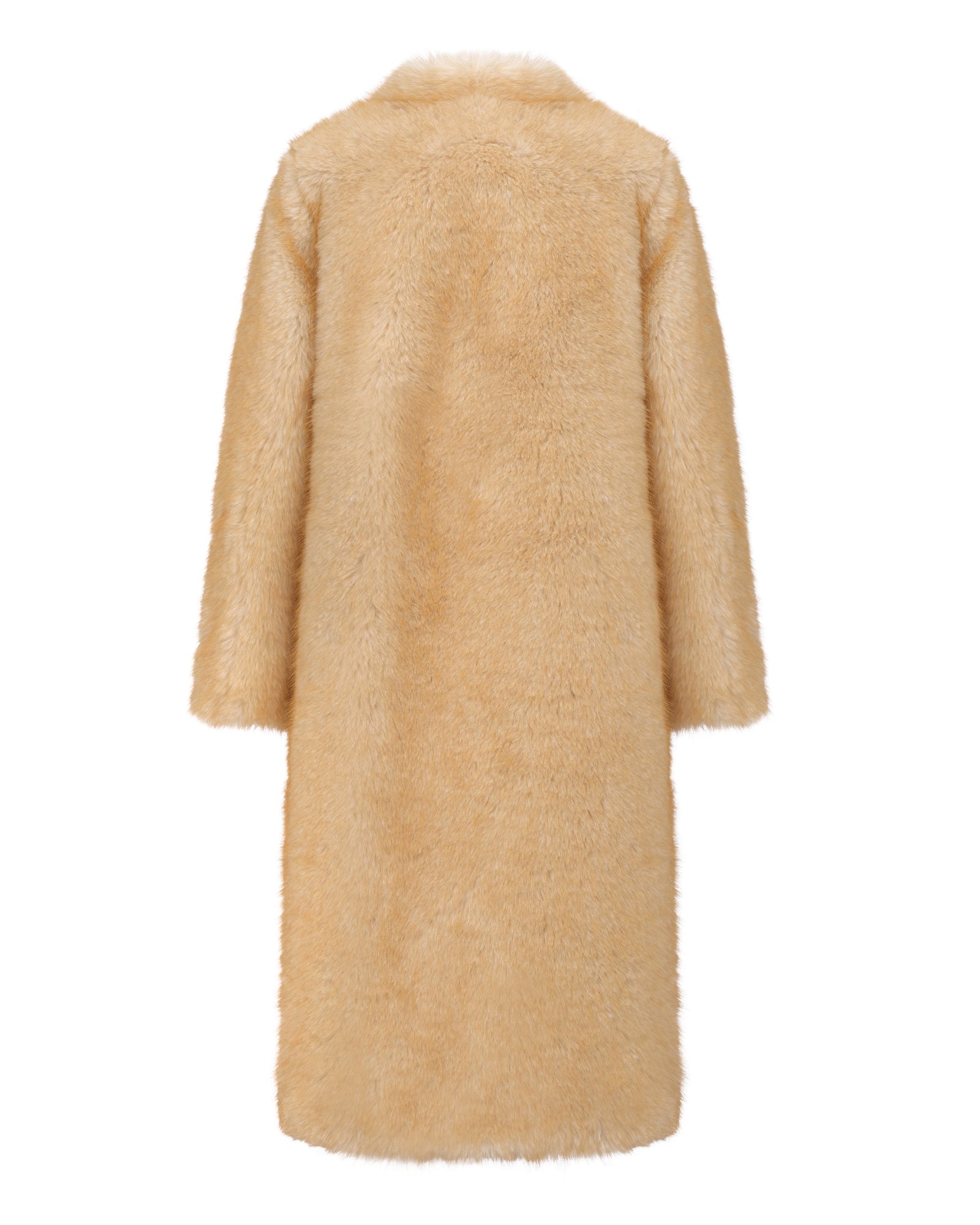 Luxury yellow faux fur coat for women with a straight silhouette on a white background