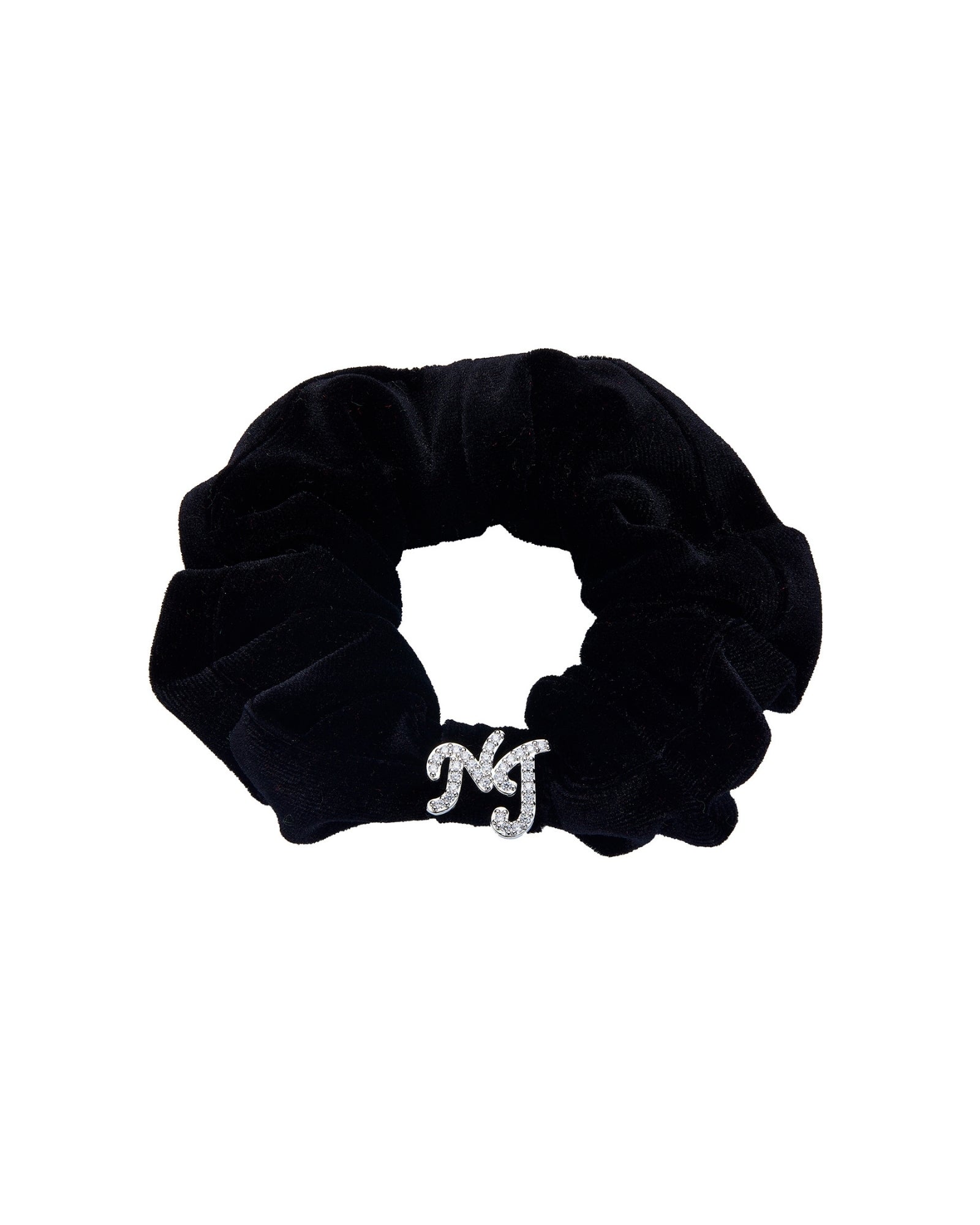 Black velvet scrunchie with a silver logo on a white background