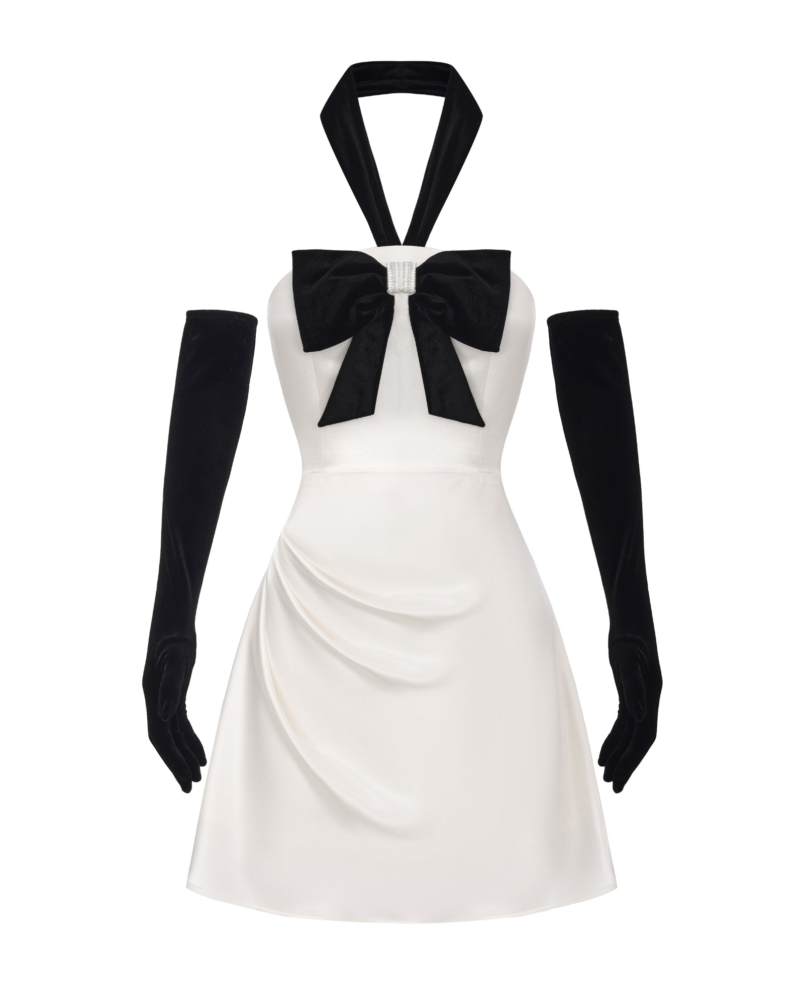 White dress with black bow and gloves on a white background