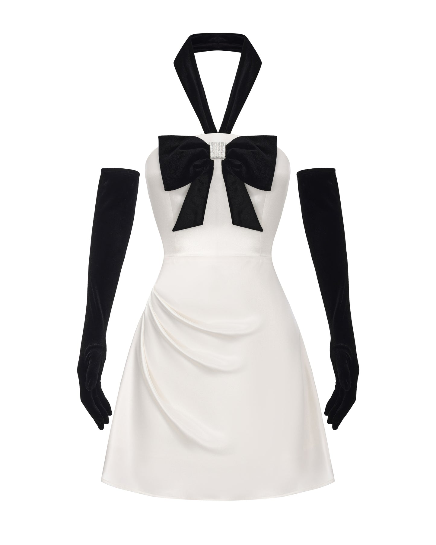 White dress with black bow and gloves on a white background