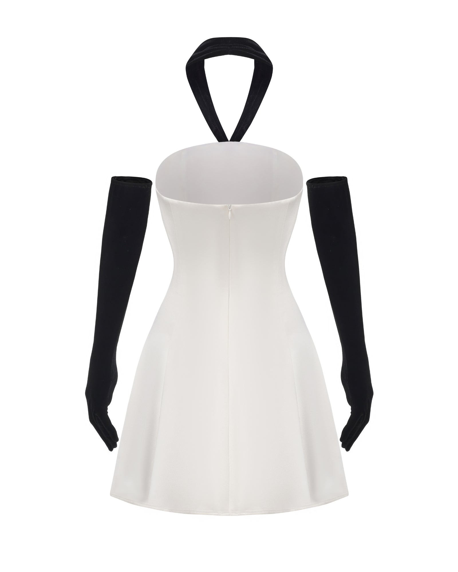 White dress with black bow and gloves on a white background