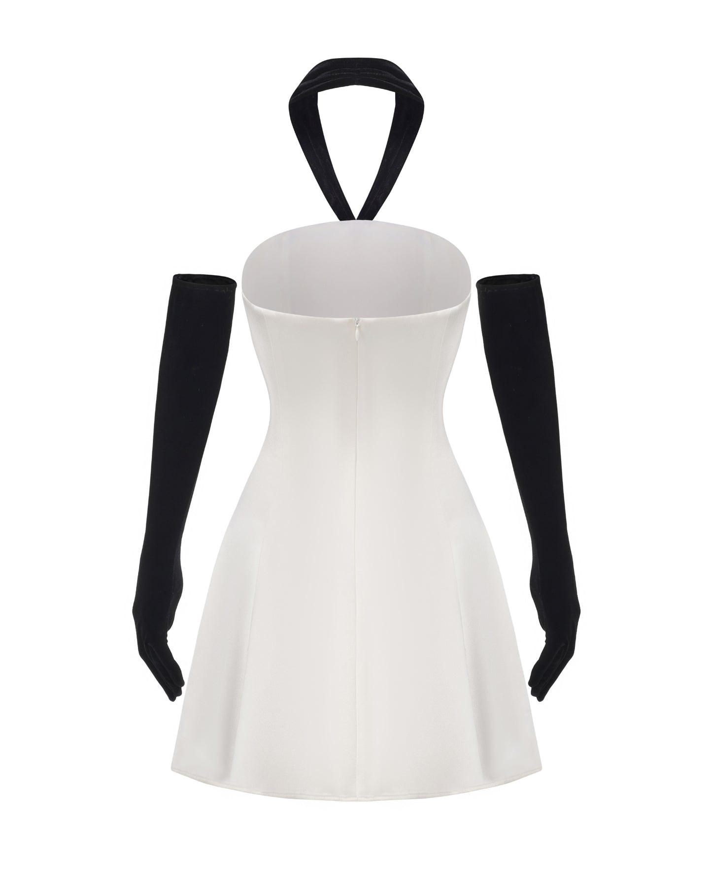 White dress with black bow and gloves on a white background