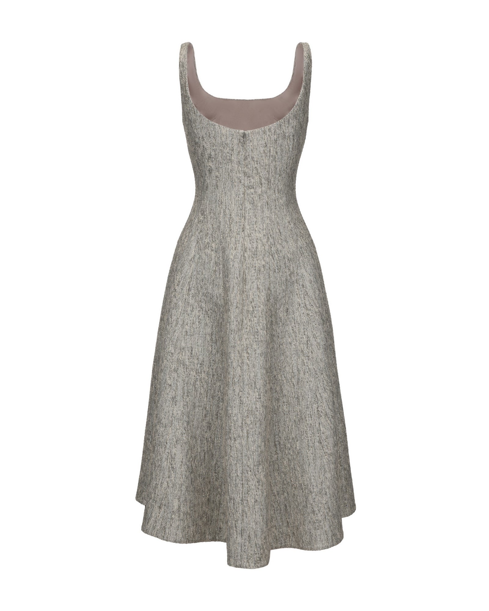 Gray sleeveless midi dress on a white background