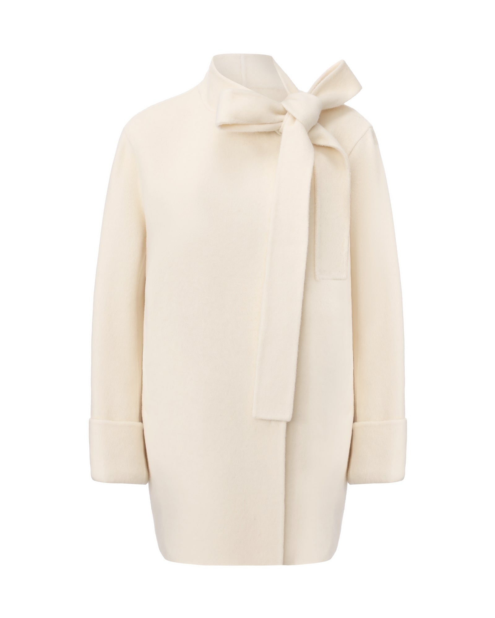 Cream-colored coat with a bow detail on a white background