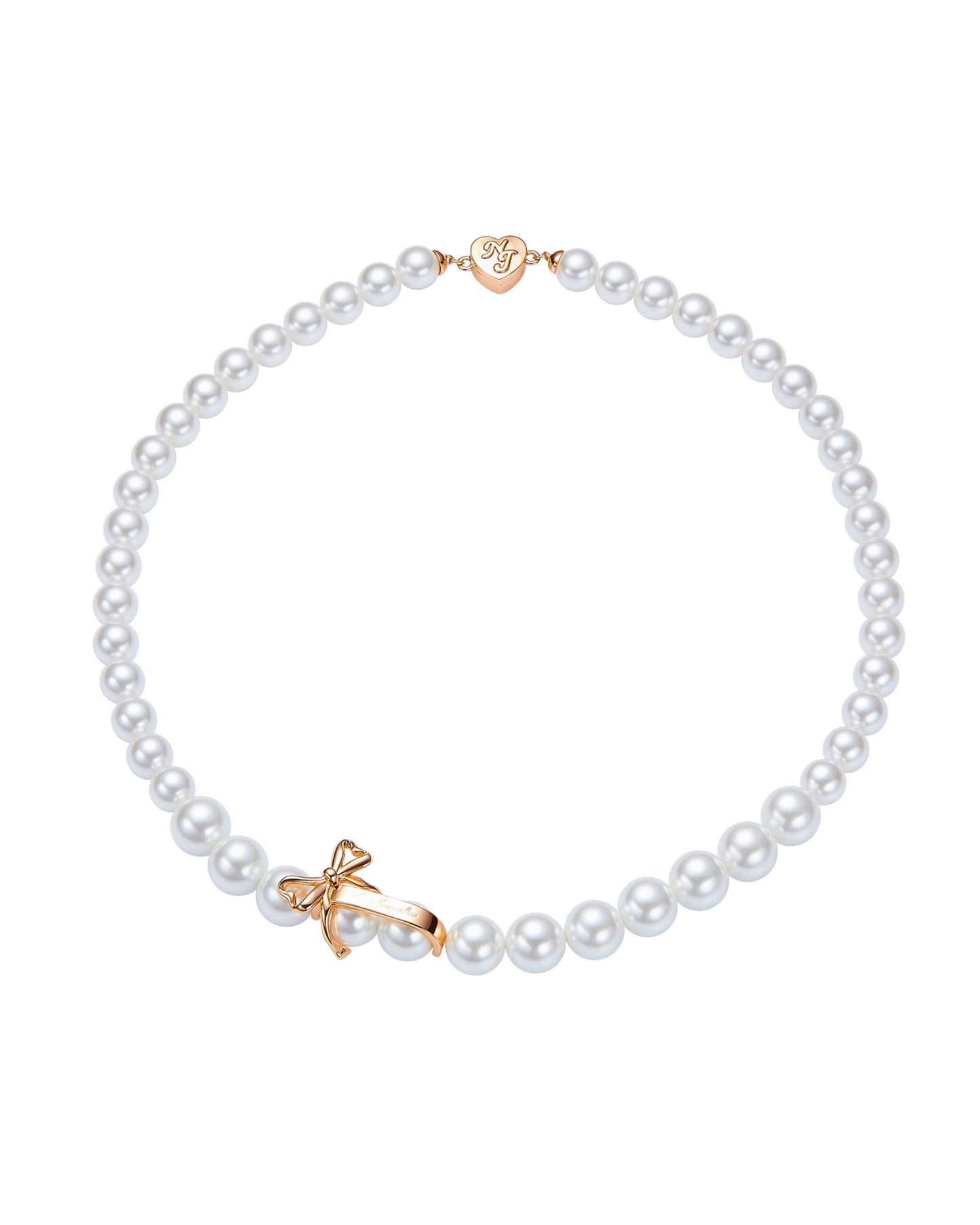 Pearl necklace with a gold bow clasp on a white background