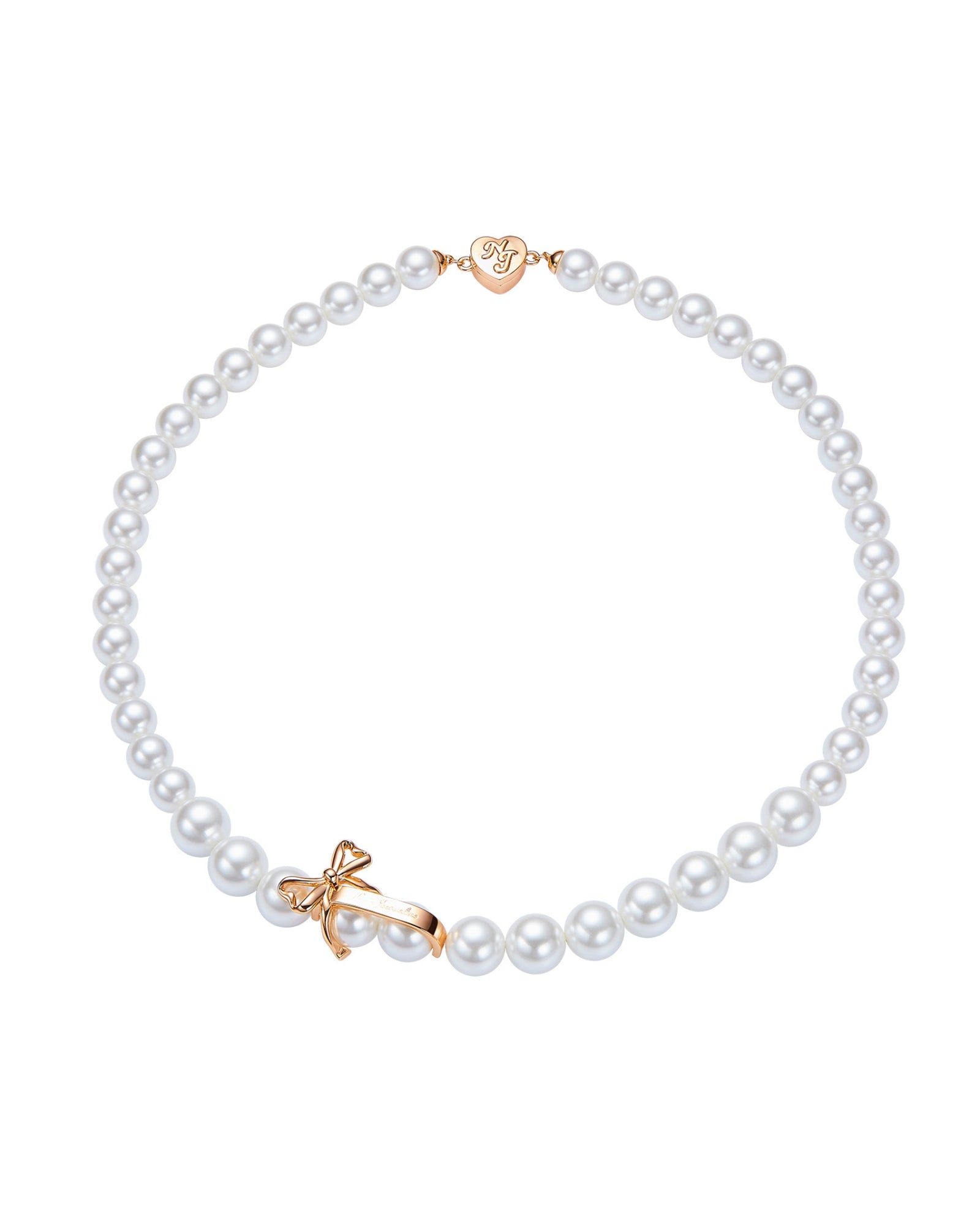 Pearl necklace with a gold bow clasp on a white background