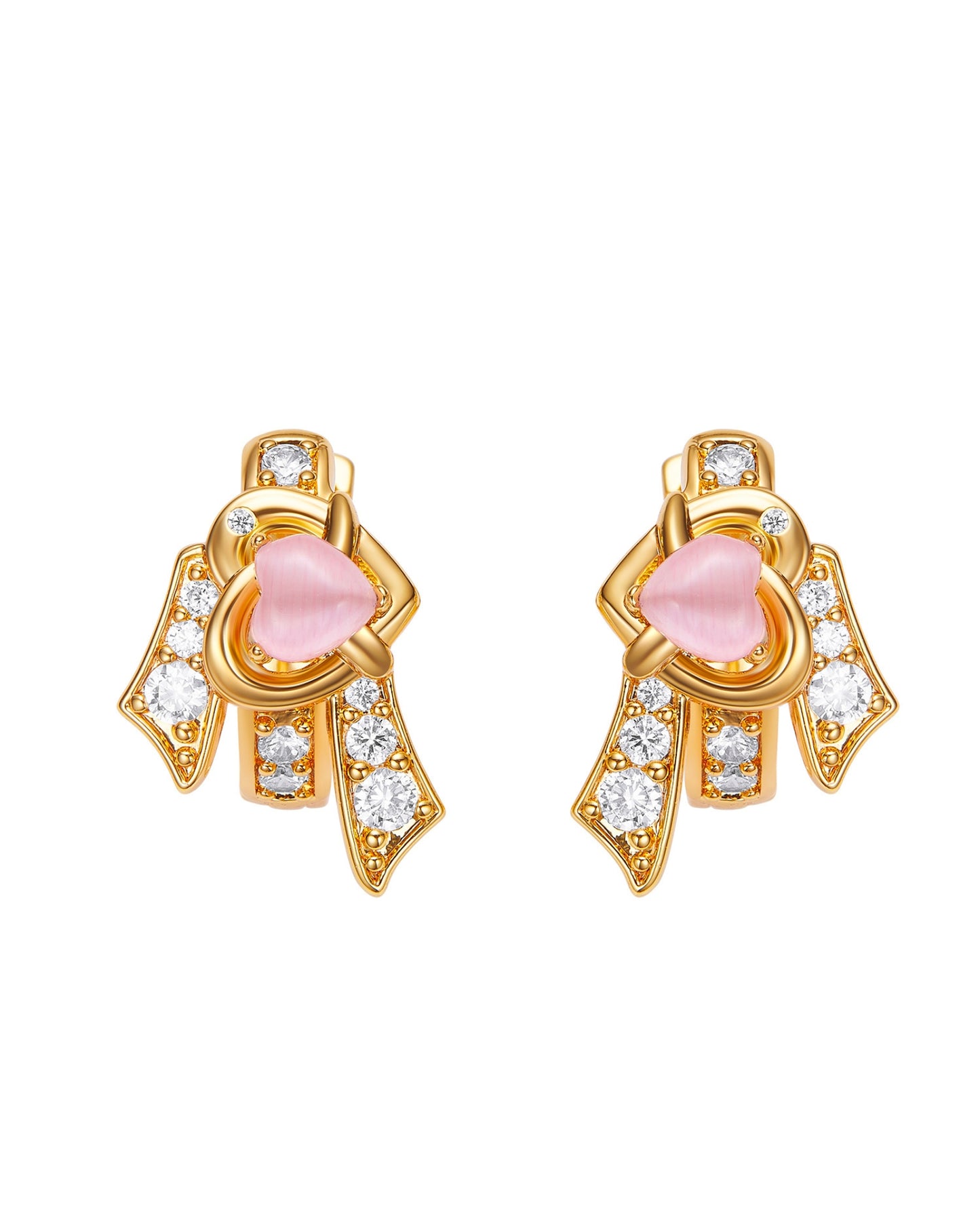 Gold earrings with pink stones and clear gemstones on a white background