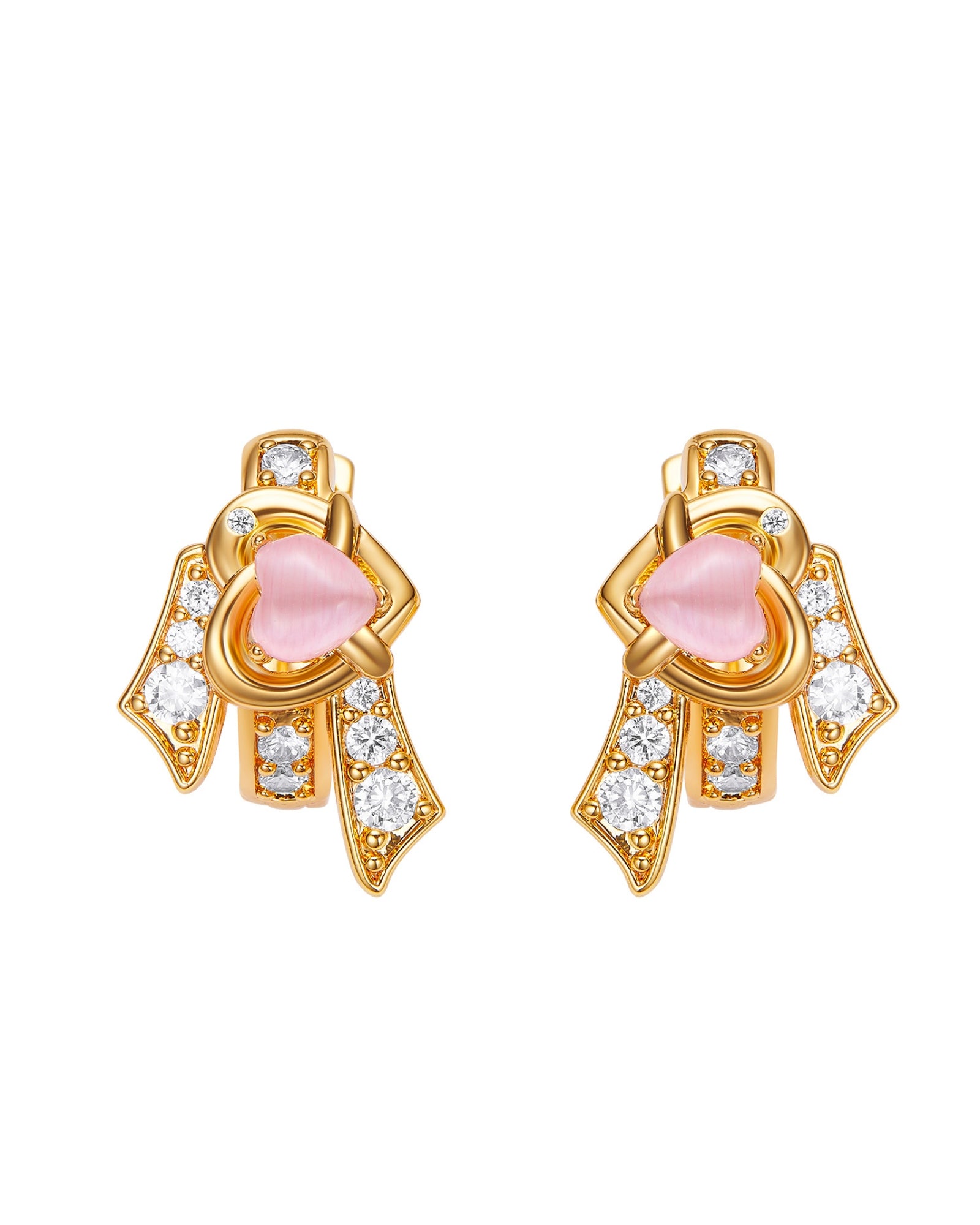 Gold earrings with pink stones and clear gemstones on a white background