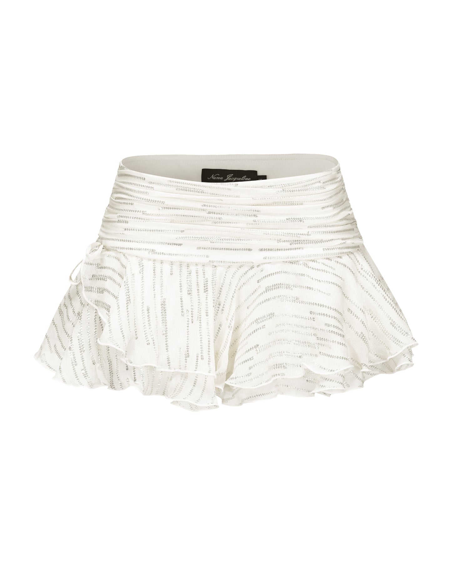 White pleated skirt with a brand label on a white background