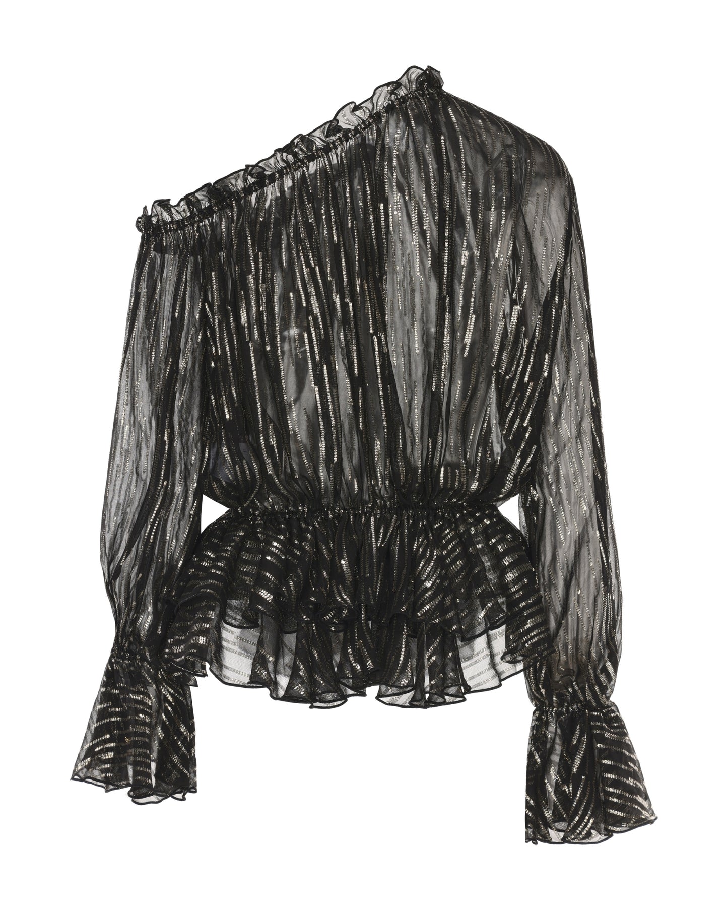 Black one-shoulder blouse with ruffled details on a white background
