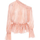 Pink ruffled blouse on a white background
