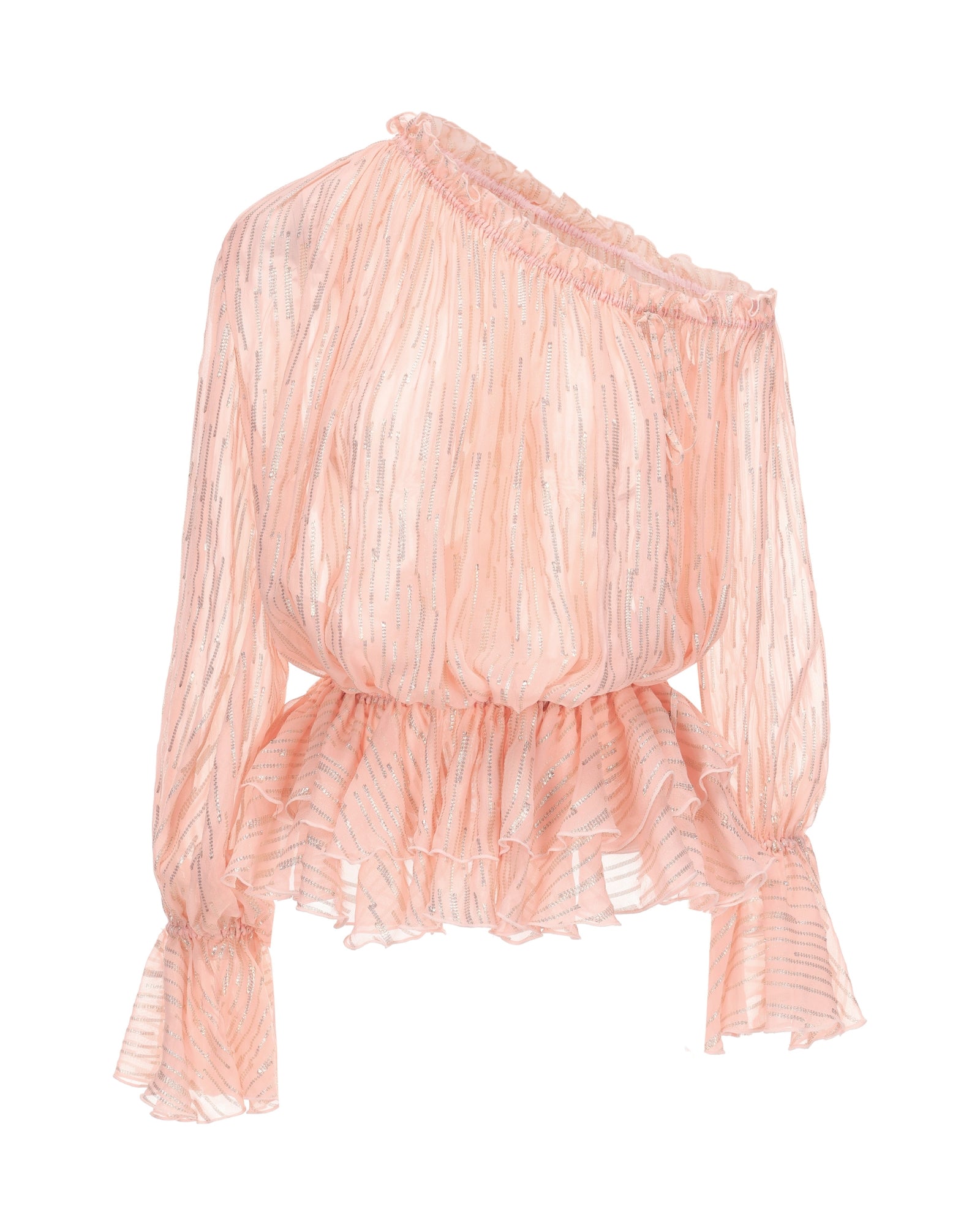 Pink ruffled blouse on a white background