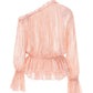 Pink ruffled blouse on a white background
