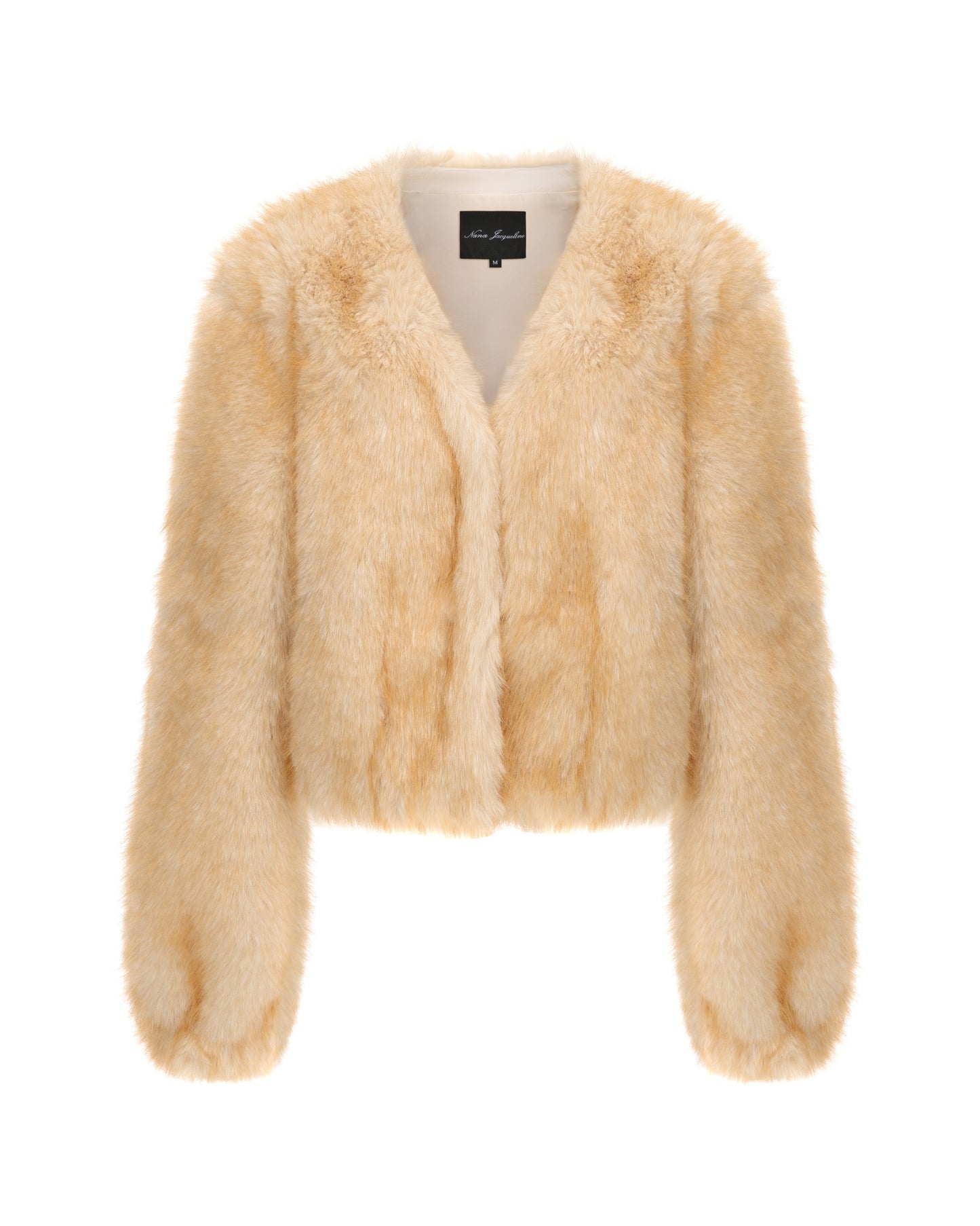 Short yellow faux fur jacket on a white background