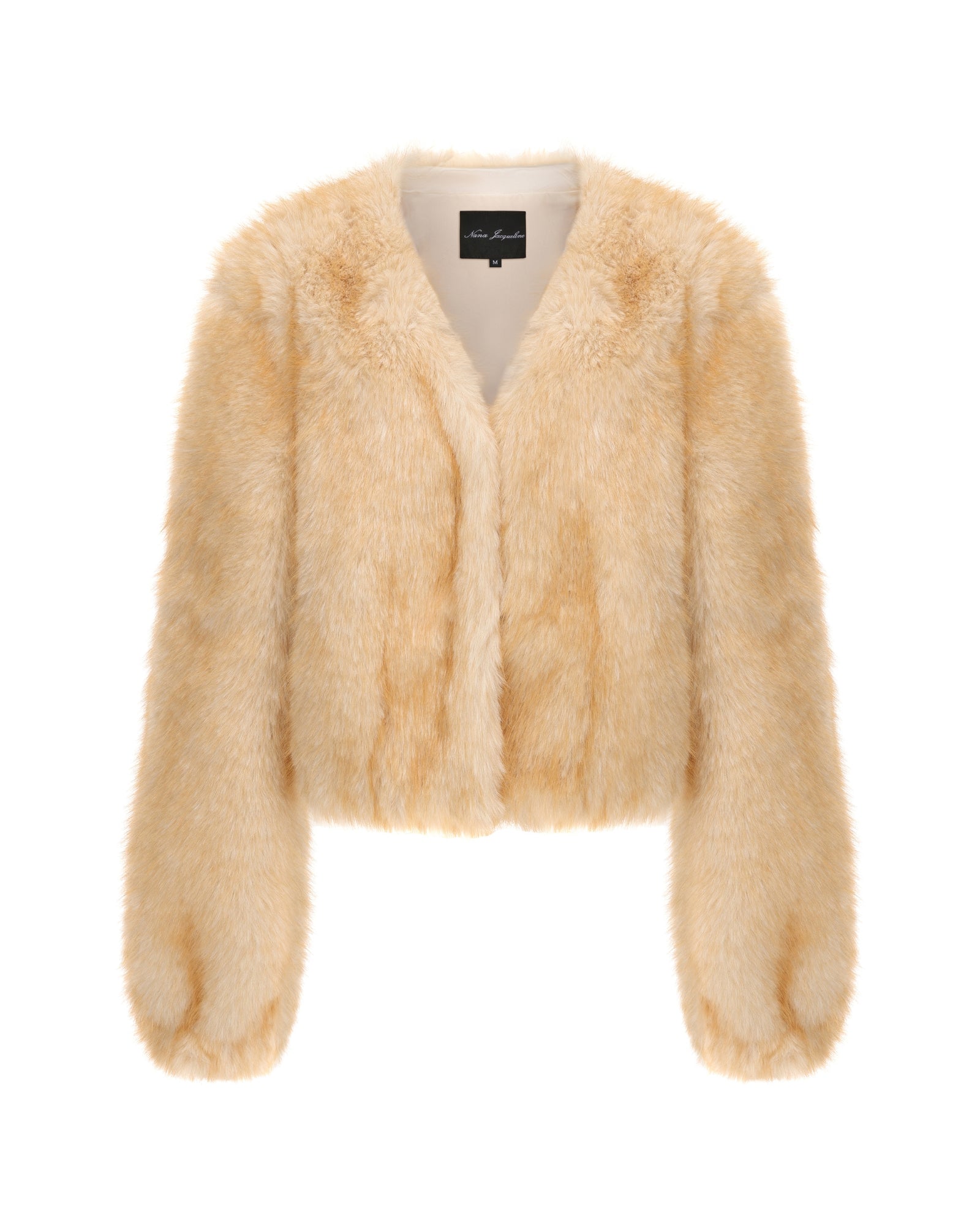 Short yellow faux fur jacket on a white background